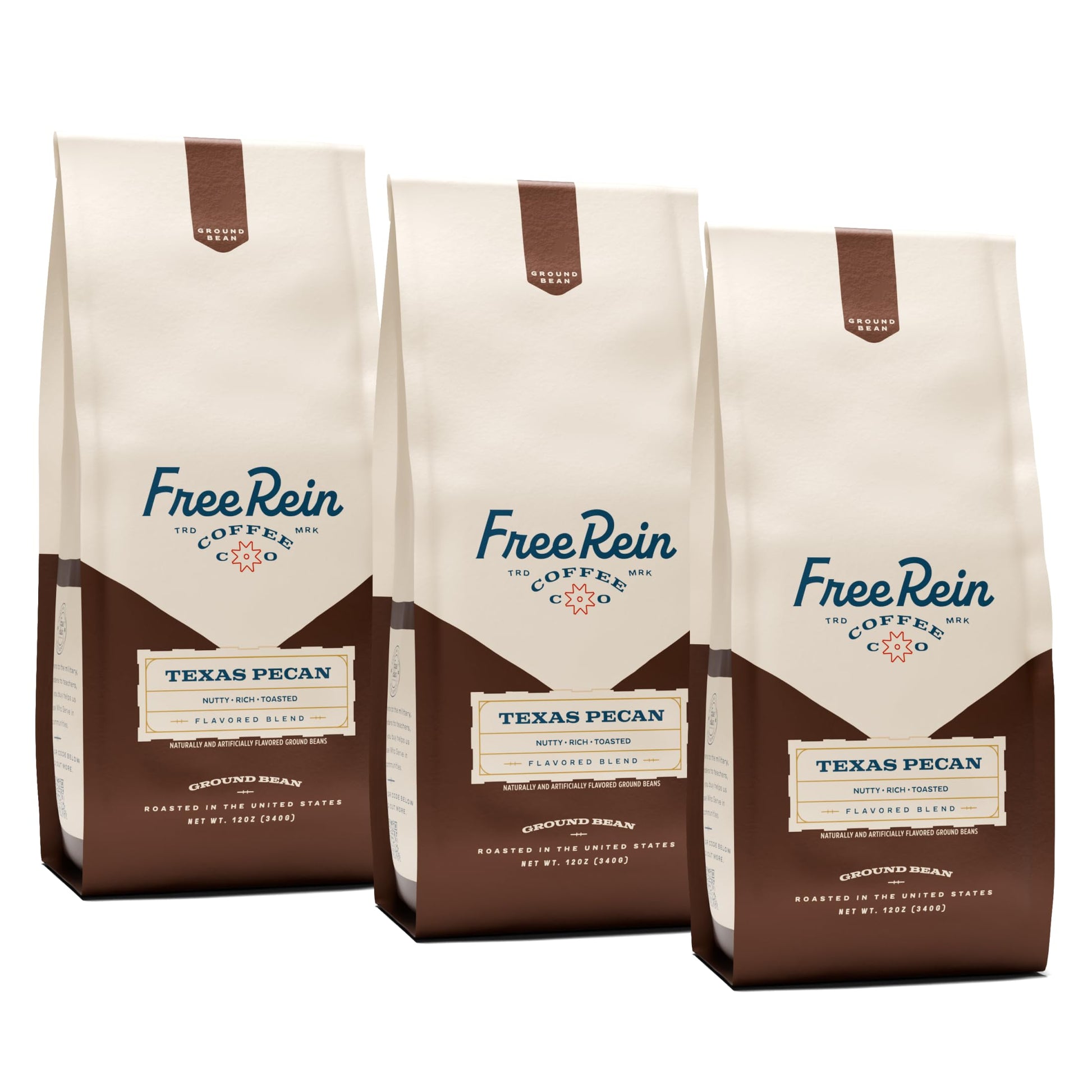 FREE REIN COFFEE Texas Pecan Medium Roast Ground Coffee, 12oz Bag (Pack of 3) - Rich & Balanced Flavor, Roasted in America