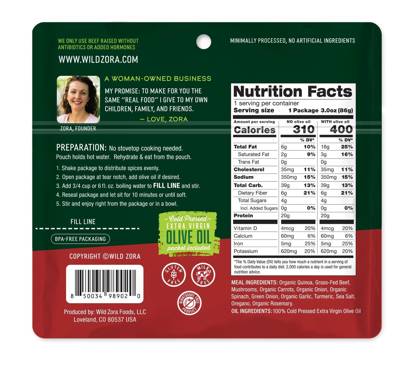 Wild Zora Instant Organic Quinoa Meals, Quick & Tasty Prepared Bowls, Pantry Staples Gluten-Free Meal Plus 10g Olive Oil Packet,