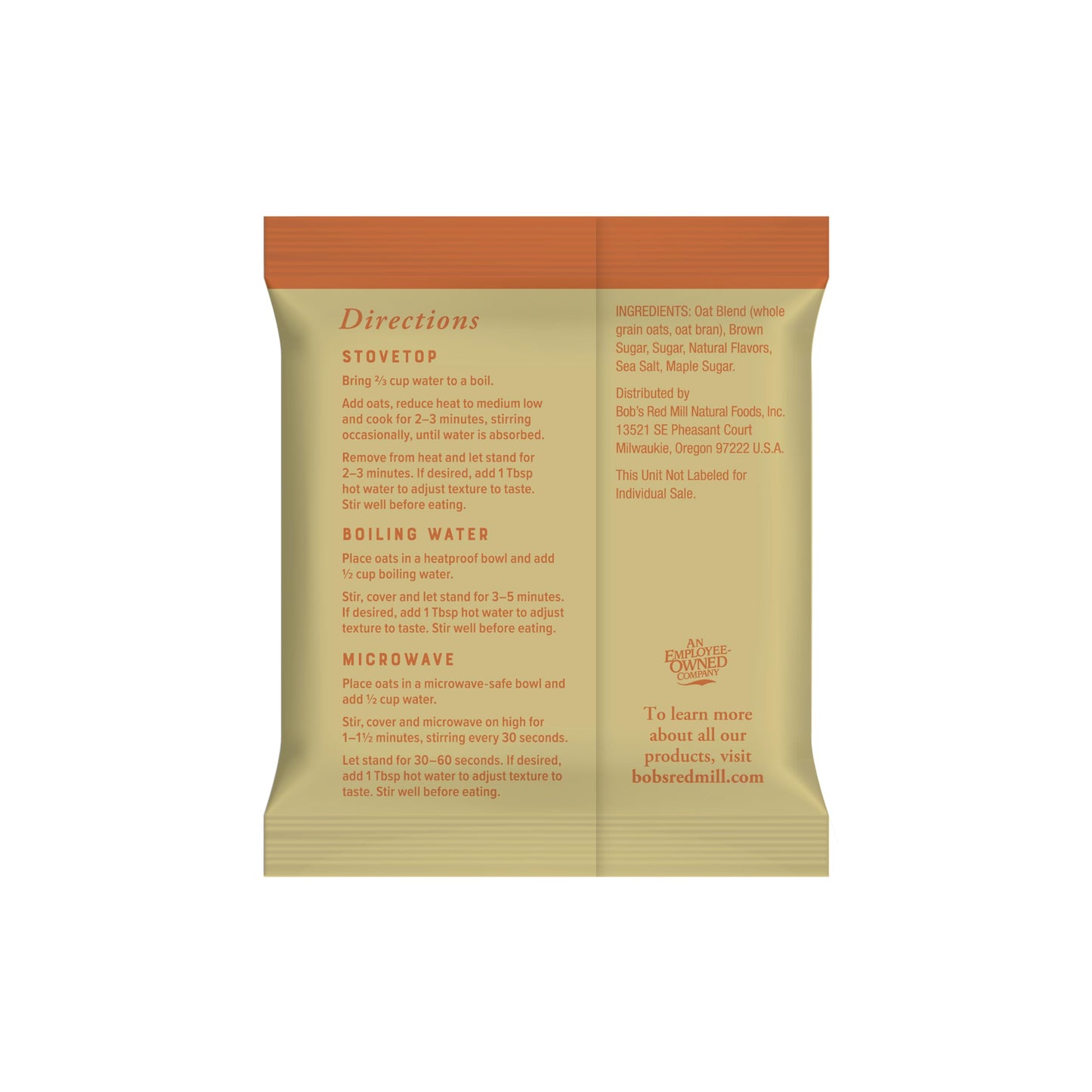 Bobs Red Mill Instant Oatmeal  Maple Brown Sugar  6 Packets Total  Non-GMO  Gluten Free  Whole Grain