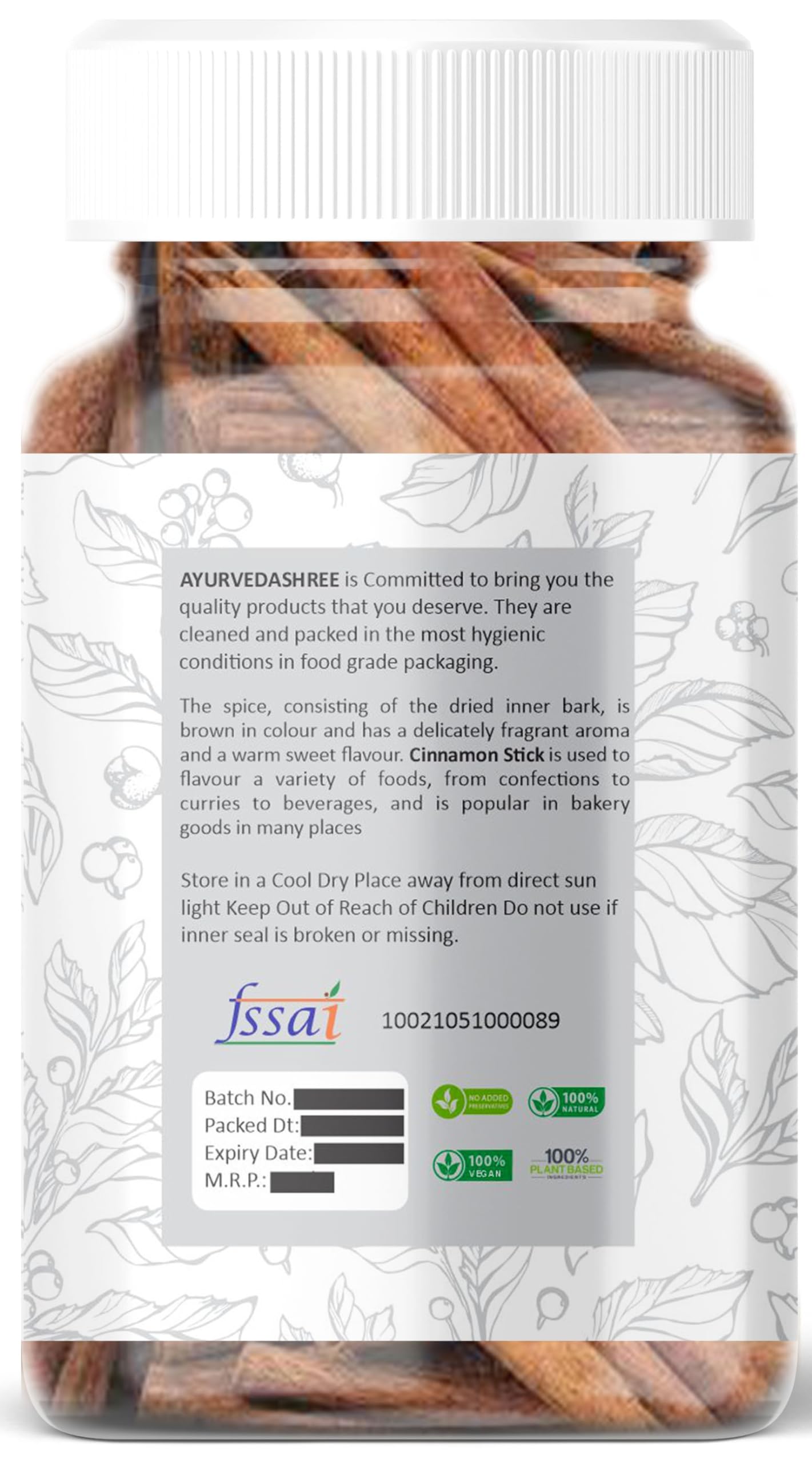 AYURVEDASHREE Cinnamon Sticks 70gm PET Jar | All Natural | Vegan | No Colors | NON-GMO | Round sticks | Dalchini