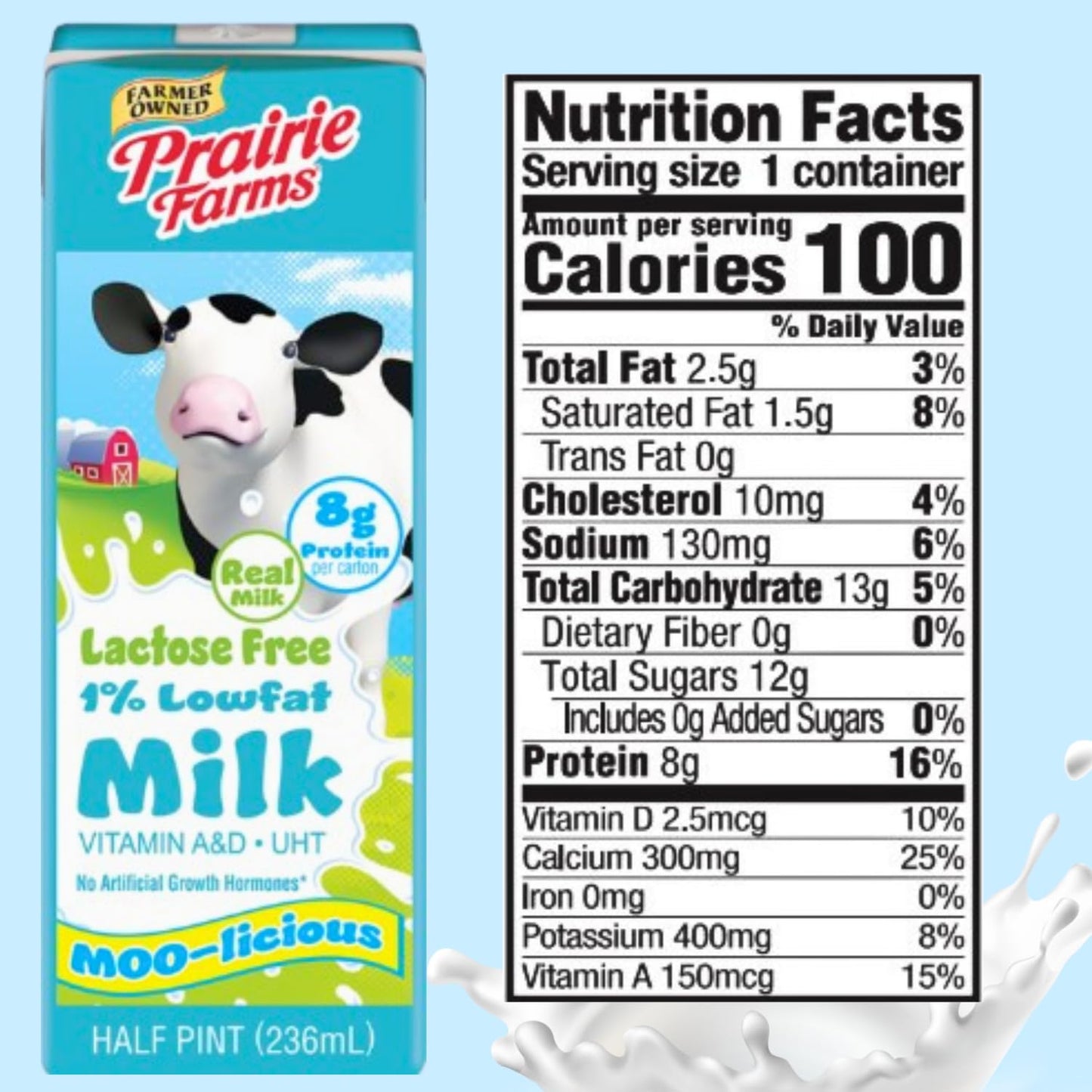 Prairie Farms Lactose Free Milk  Shelf Stable 1% Low Fat Milk Boxes Vitamin D  Gluten Free  Ultra Pasteurized (UHT)  Kosher - 8oz. (27 Pack)