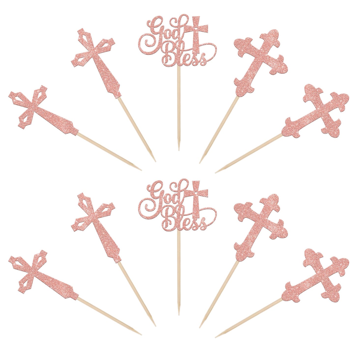 YCTHUNFISH Cupcake Toppers, 24 Pack Glitter Rose Gold, Paper, Religious Baptism and First Holy Communion Decorations