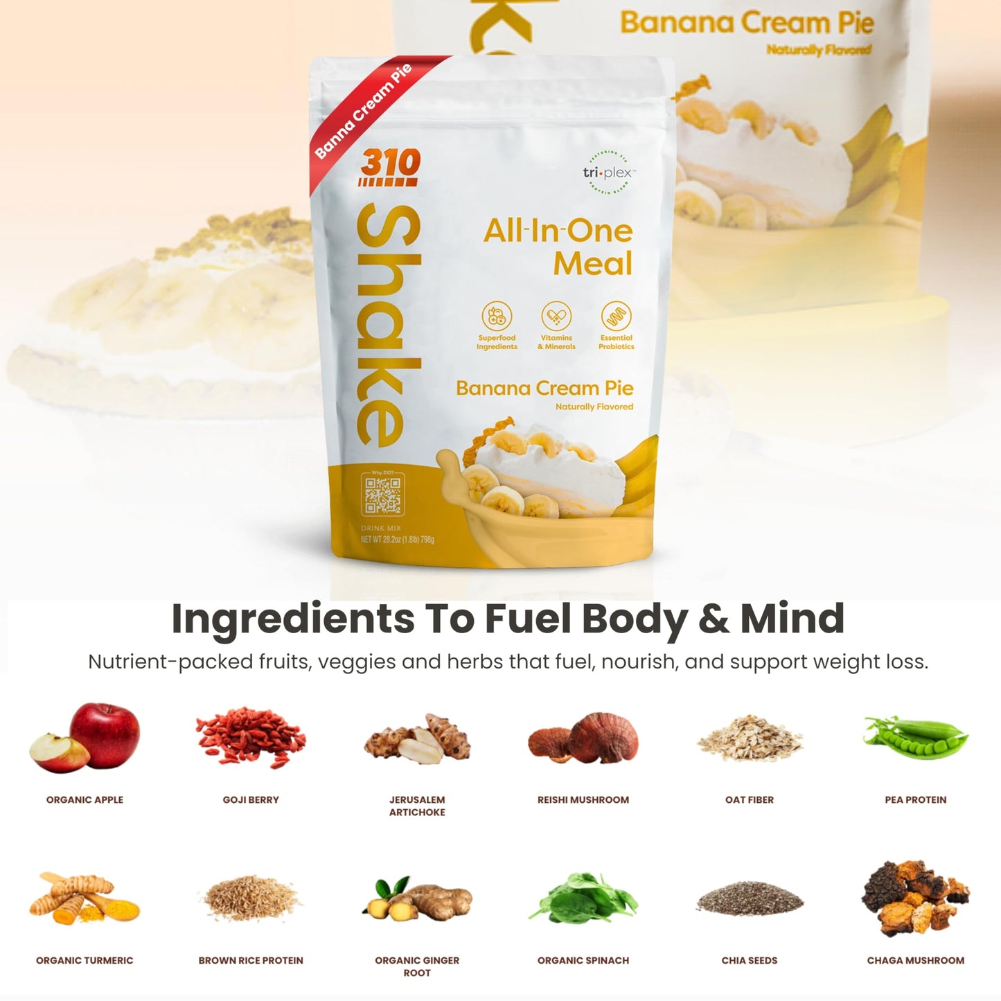 310 Nutrition All-In-One Shake Meal Replacement Powder - Banana Cream Pie, Plant-Based, 28.2 oz, 28 Servings