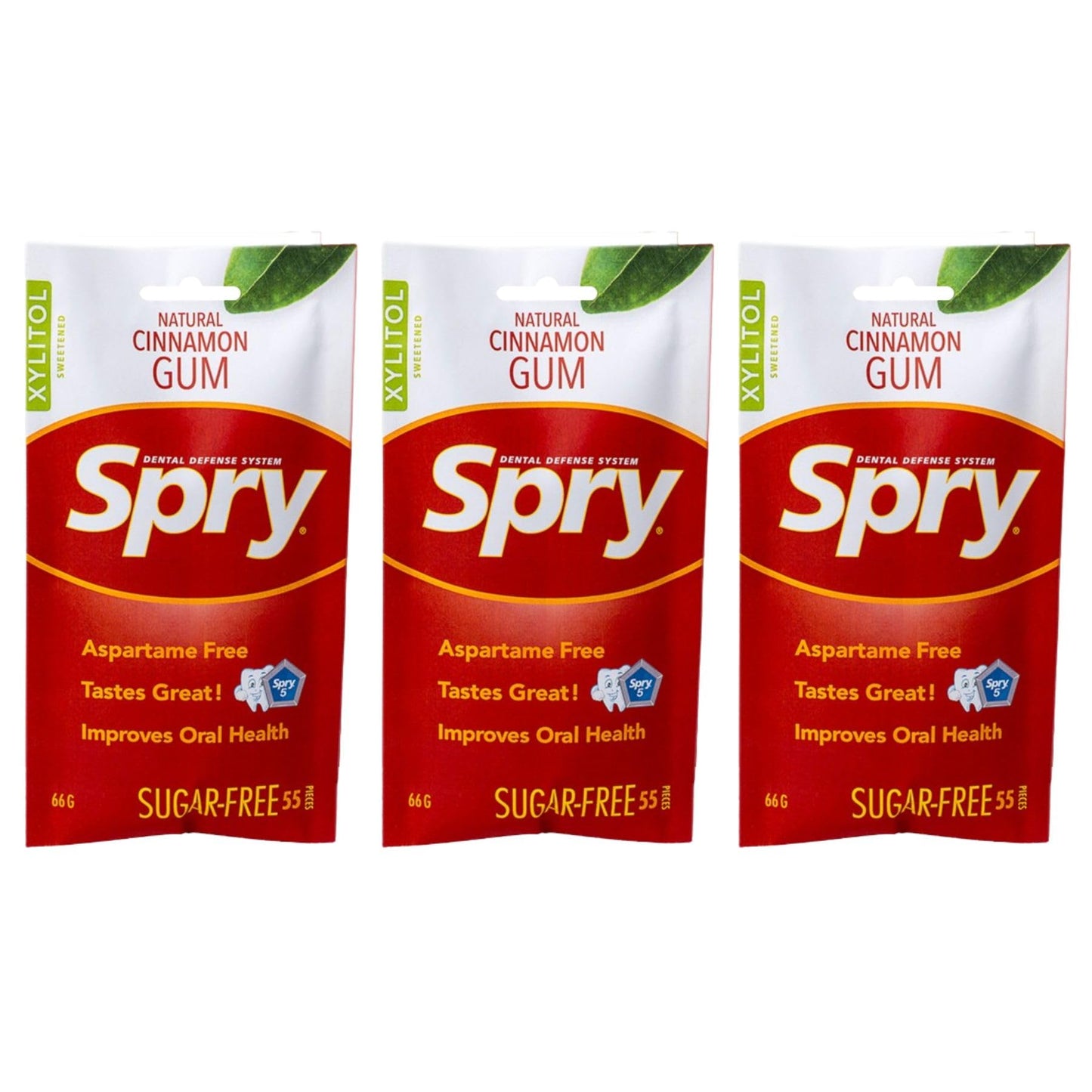 Spry Xylitol Chewing Gum Dental Defense System - Aspartame-Free, Sugar-Free, Non-GMO - Cinnamon Flavor - 55 Count (Pack of 3)