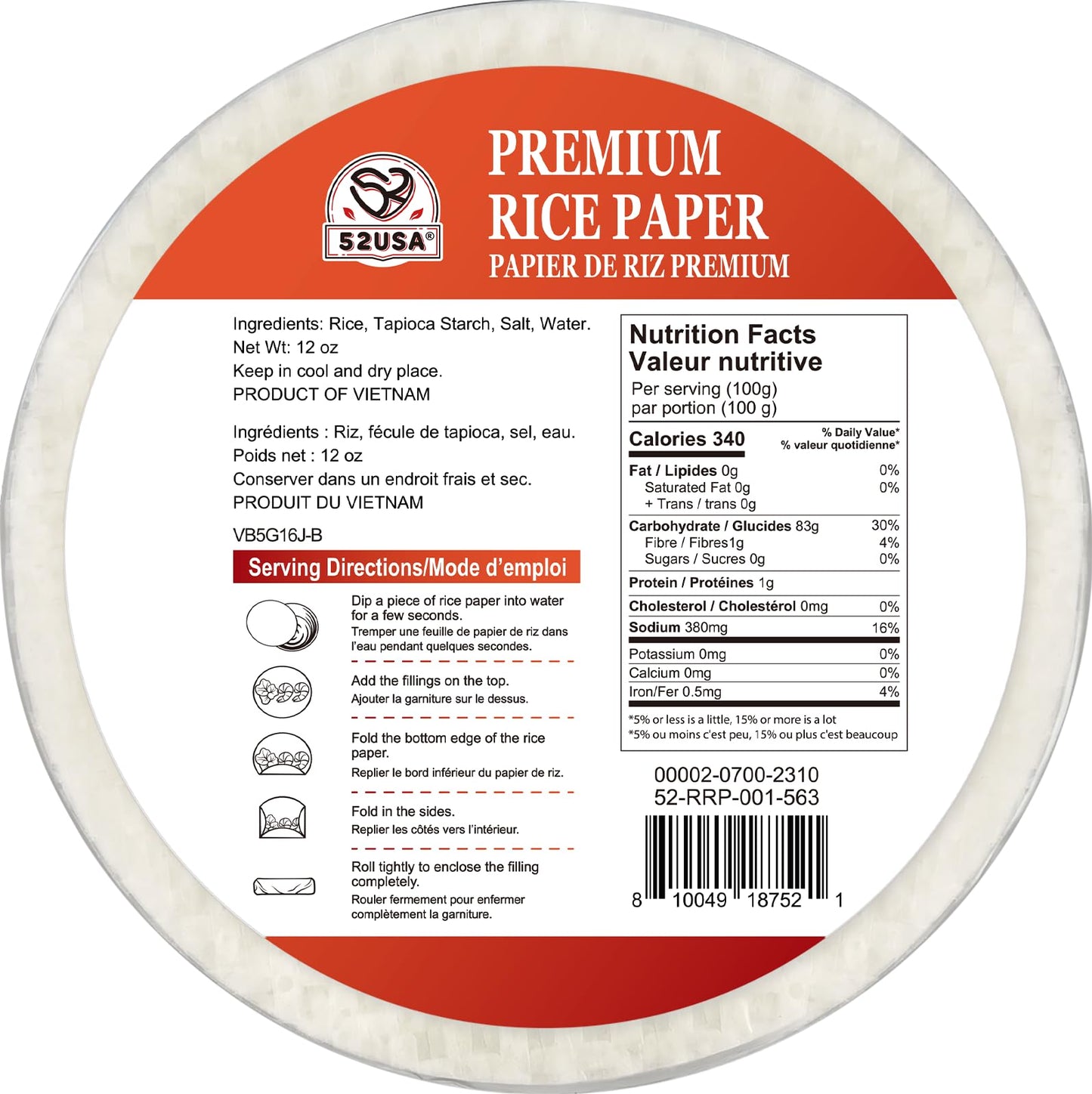 52USA Rice Paper Wrappers, Gluten-Free, Vegan, Low Carb, 34 Sheets, 22cm Round, Fresh Spring Roll & Dumpling Wrappers