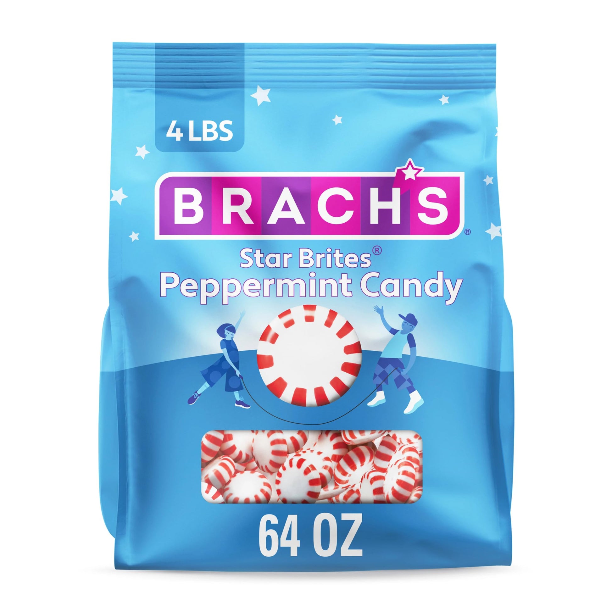 Brachs Star Brites Peppermint Candy, Individually Wrapped, 4 lbs, 360 ct, Red and White