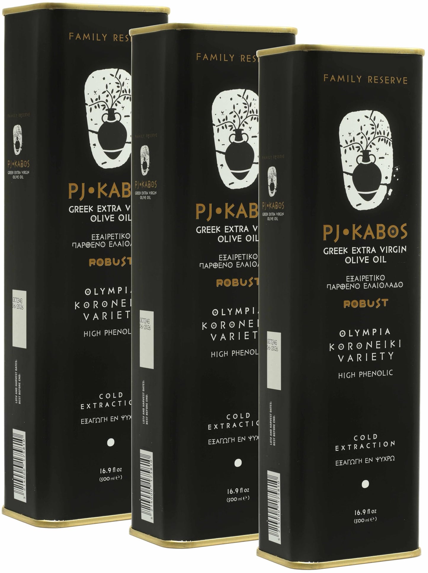 P.J. Kabos 2024/25 Harvest, Very High Phenolic (750+Mg/Kg), Natural Greek Extra Virgin Olive Oil, Kosher, Greece, Cold Extracted, 16.9 Oz Tin, Family Reserve - Robust (3-Pack)