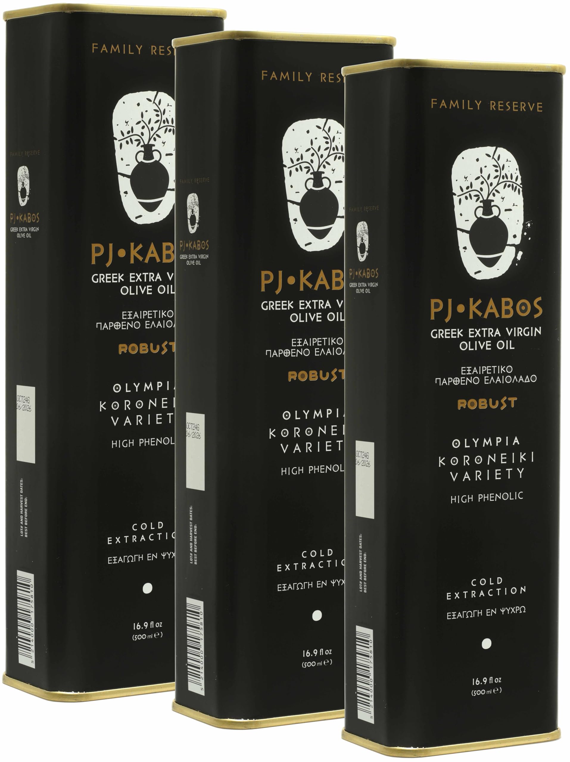 P.J. Kabos 2024/25 Harvest, Very High Phenolic (750+Mg/Kg), Natural Greek Extra Virgin Olive Oil, Kosher, Greece, Cold Extracted, 16.9 Oz Tin, Family Reserve - Robust (3-Pack)