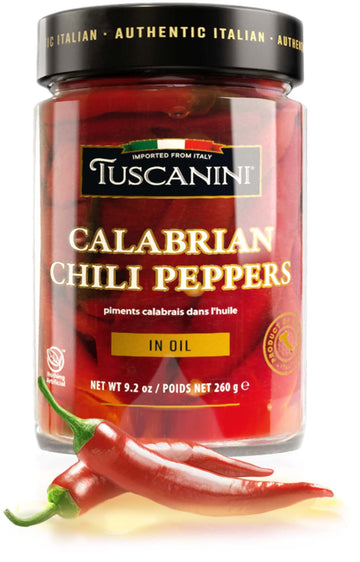 Tuscanini Premium Whole Calabrian Chili Peppers In Olive Oil, 9.2oz | Beautifully Red and Long Peppers | Just 3 Ingredients | No