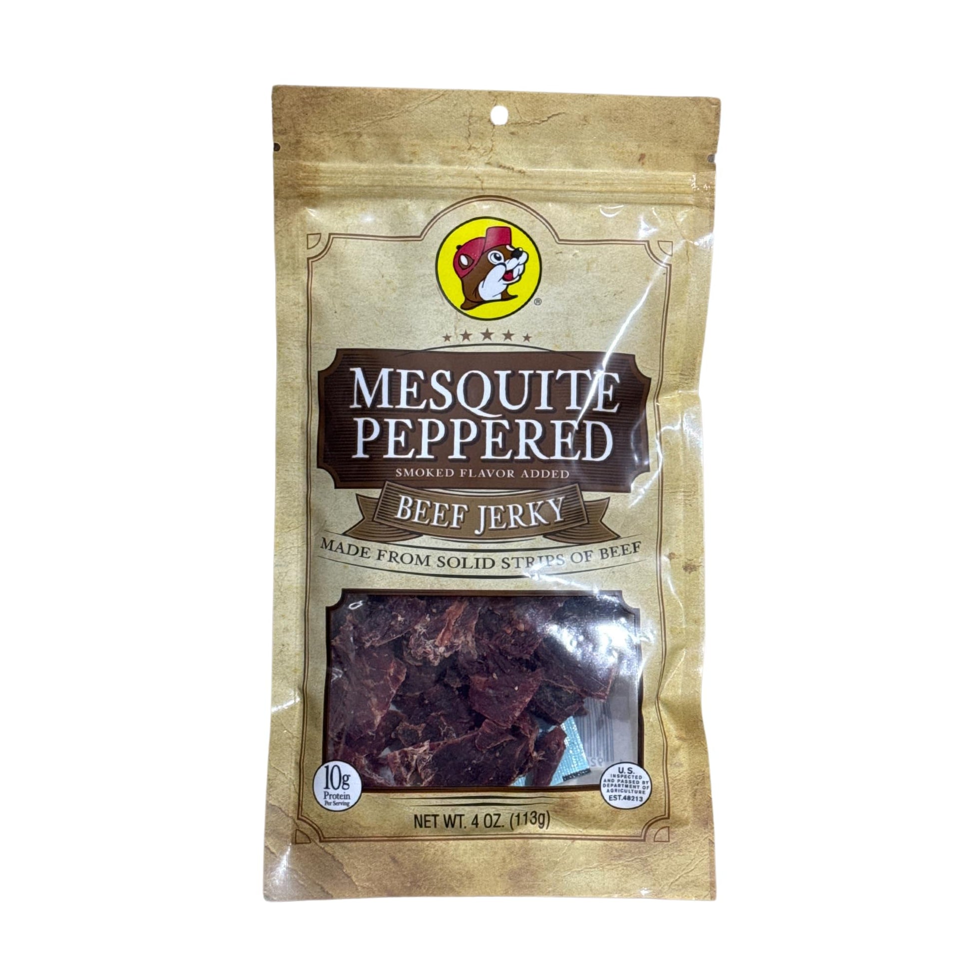 Buc-ees Smoked Mesquite Peppered Beef Jerky - 100% Lean, 10g Protein - 4 Ounce Bag