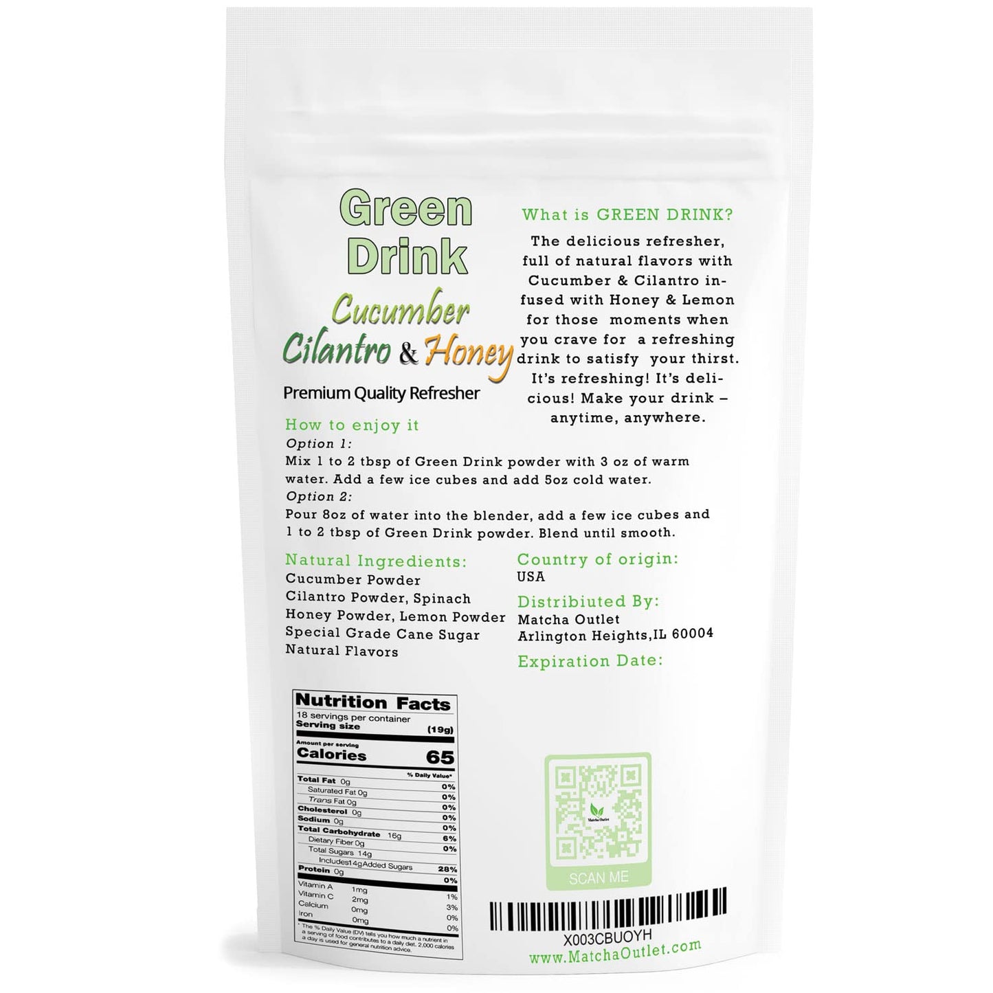 Green Drink Powder Cucumber Cilantro Honey Refresher Natural Superfood 12Oz Great For Loaded Tea Bubble Tea