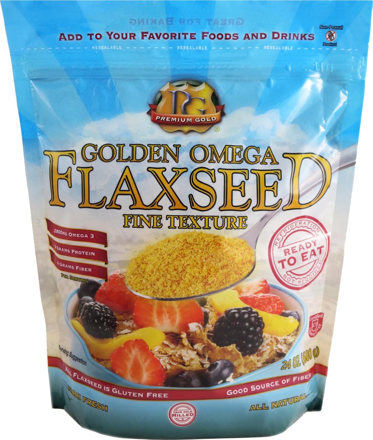 PREMIUM GOLD Whole Milled Flaxseed, Gluten-Free, Non-GMO, 24 oz, High Fiber, Plant-Based Protein, Multi Color
