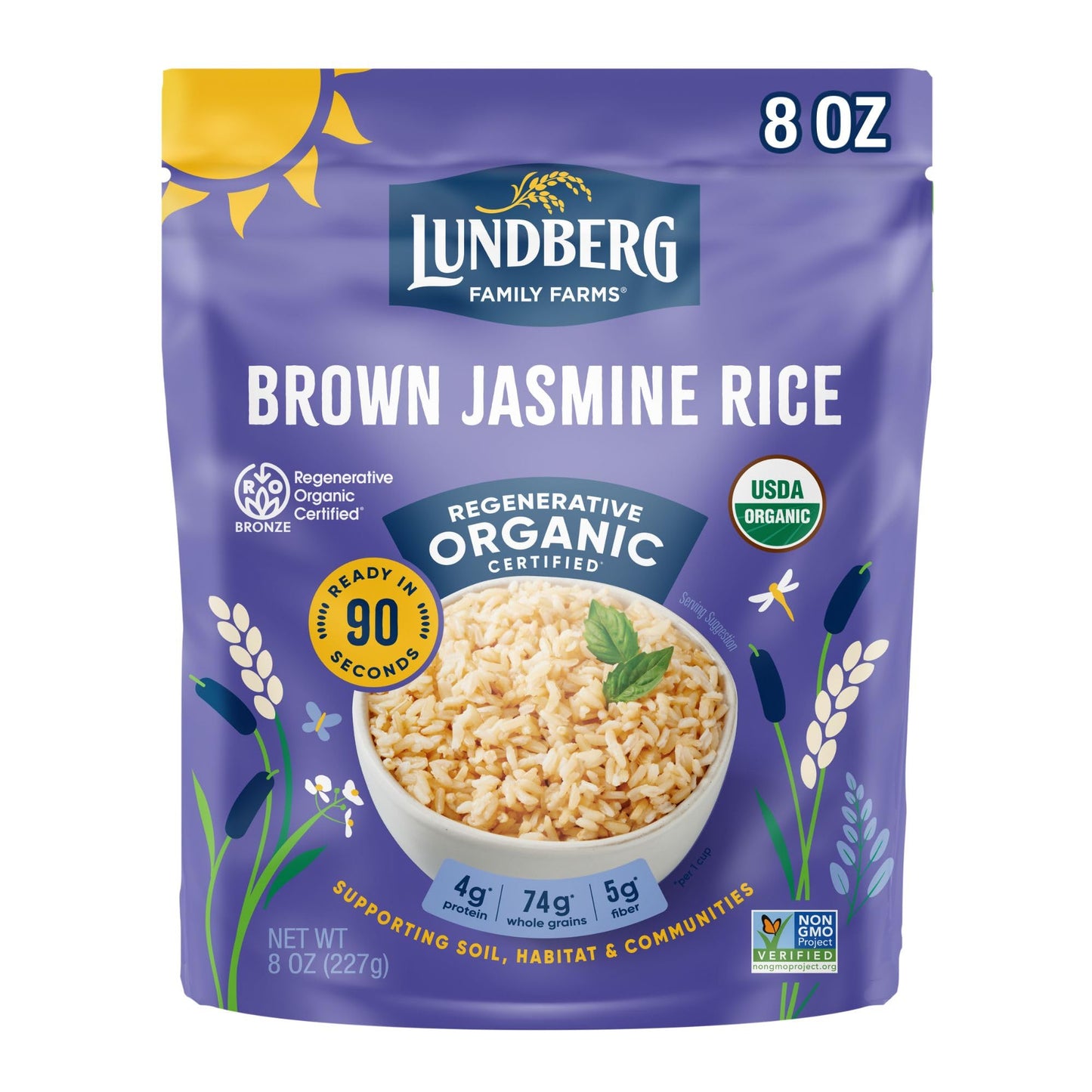 Lundberg Organic Fully Cooked & Ready to Heat Rice, Brown Jasmine Thai Hom Mali Rice, 8oz, Gluten-Free, Vegan, USDA Certified Or