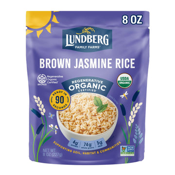 Lundberg Organic Fully Cooked & Ready to Heat Rice, Brown Jasmine Thai Hom Mali Rice, 8oz, Gluten-Free, Vegan, USDA Certified Or