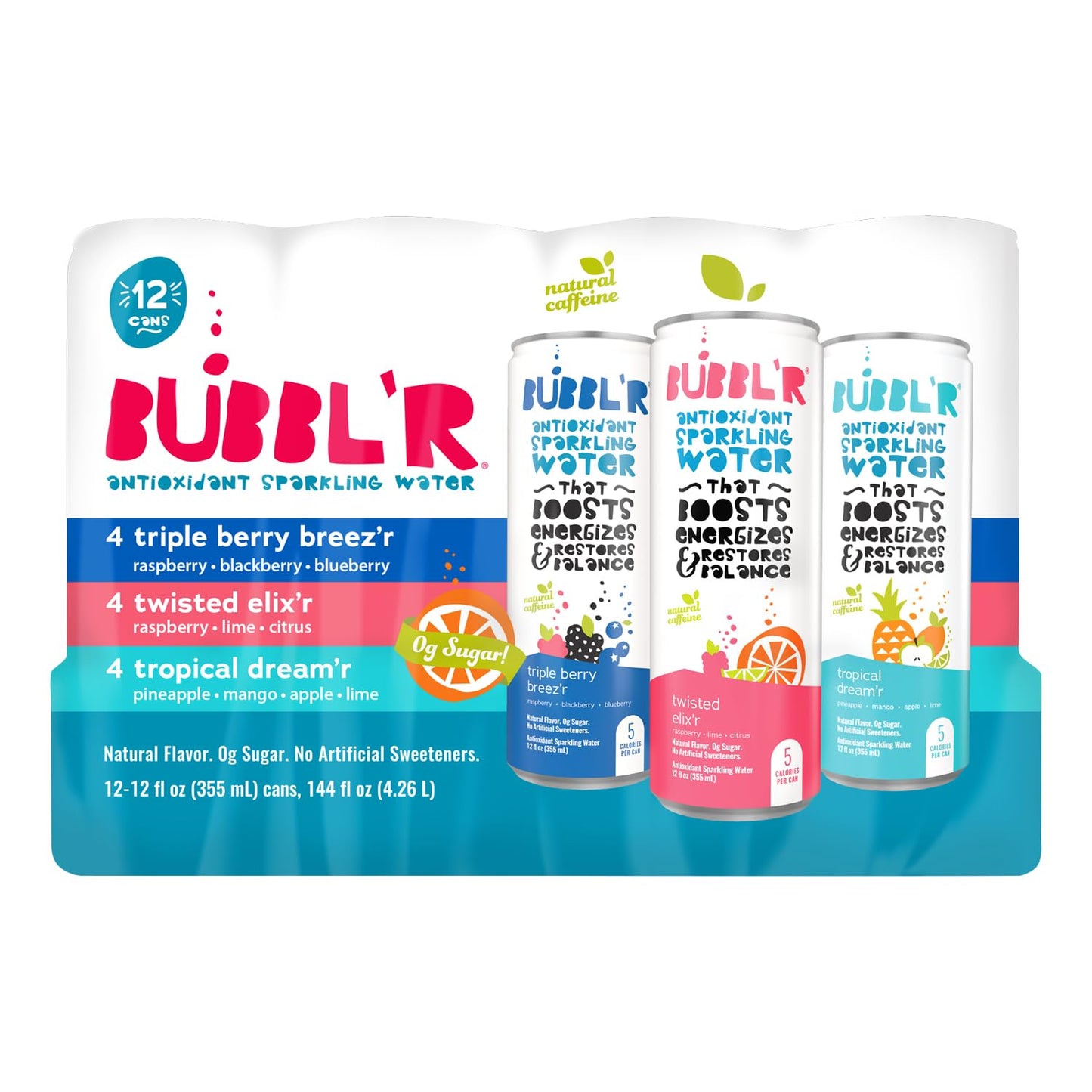 Bubblr Sparkling Water, 3 Flavors with Natural Caffeine, 12 Fl Oz Cans, Pack of 12, 0 Sugar, Antioxidants