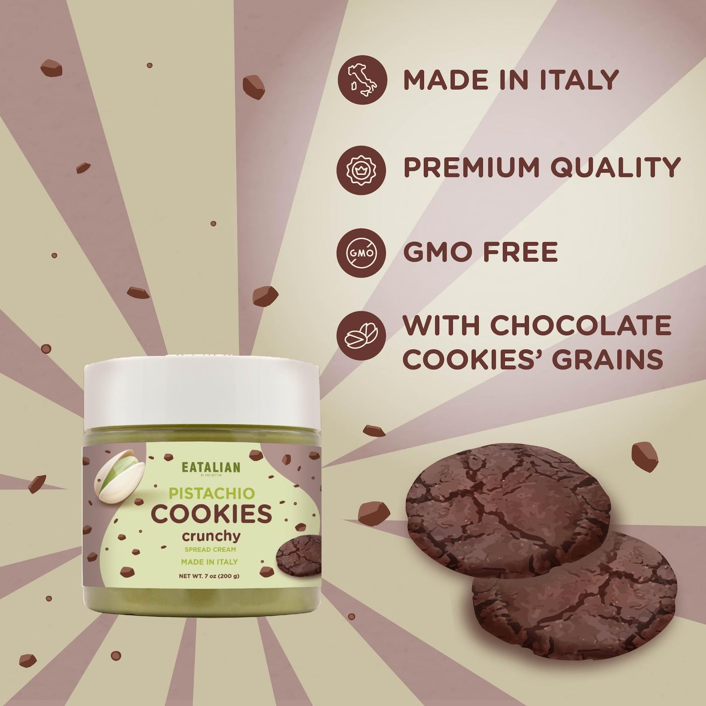 Eatalian By Amz Better Pistachio Cream With Sweet Crunchy Biscuit, 7 Oz/200 Gr, Delicious Spread With A Uniquely Sweet Taste, Id