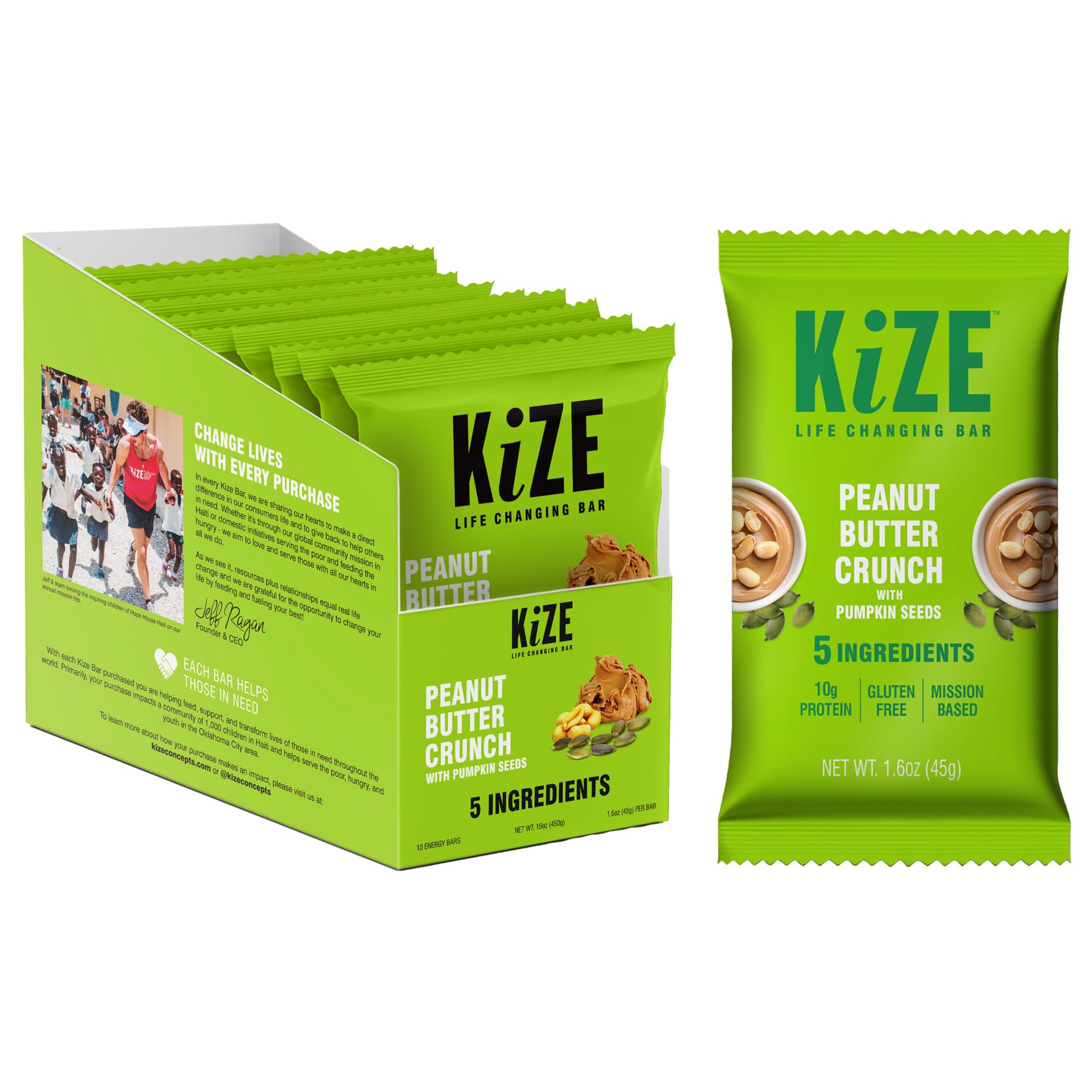 KiZE Energy Bar, Peanut Butter Crunch, 5 Ingredients, 10g Grass-Fed Whey Protein, Clean & Simple Real Food, Gluten Free, Non-GMO