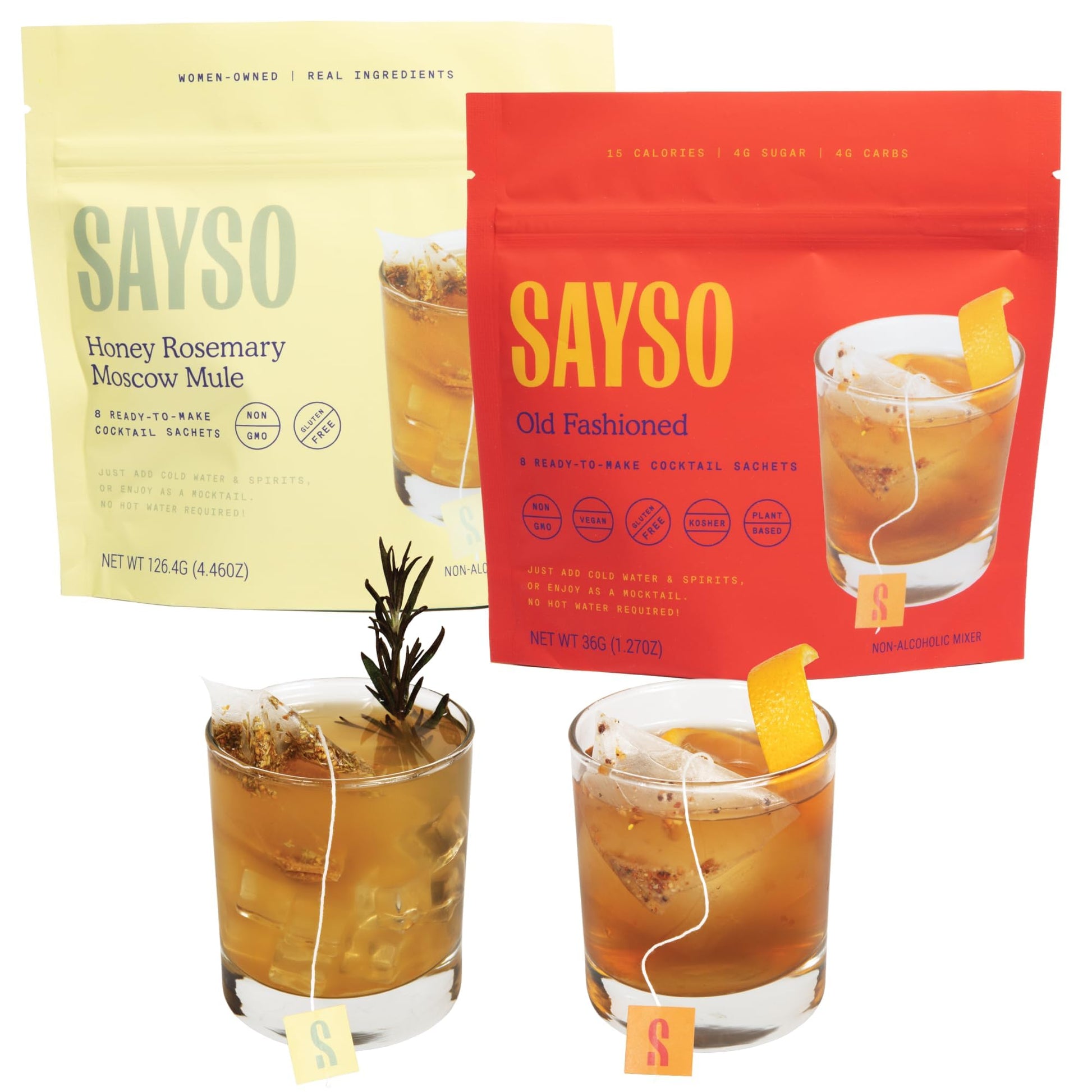 SAYSO Honey Rosemary Moscow Mule & Old Fashioned - Instant Cocktail or Mocktail Mixers - No Hot Water - Professionally Crafted -