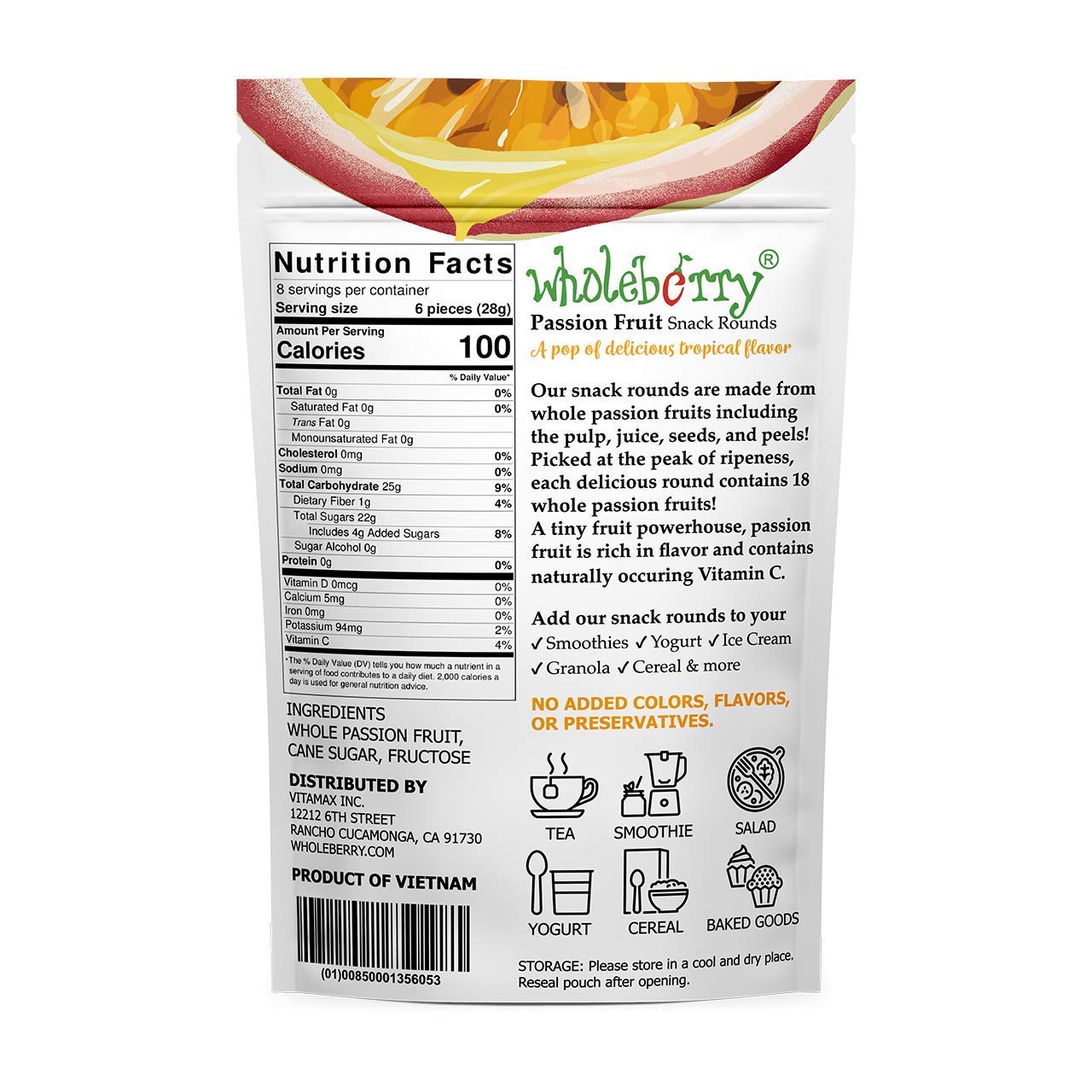 Wholeberry Dried Passion Fruit Maracuja - No Added Chemicals, 8 oz Bag