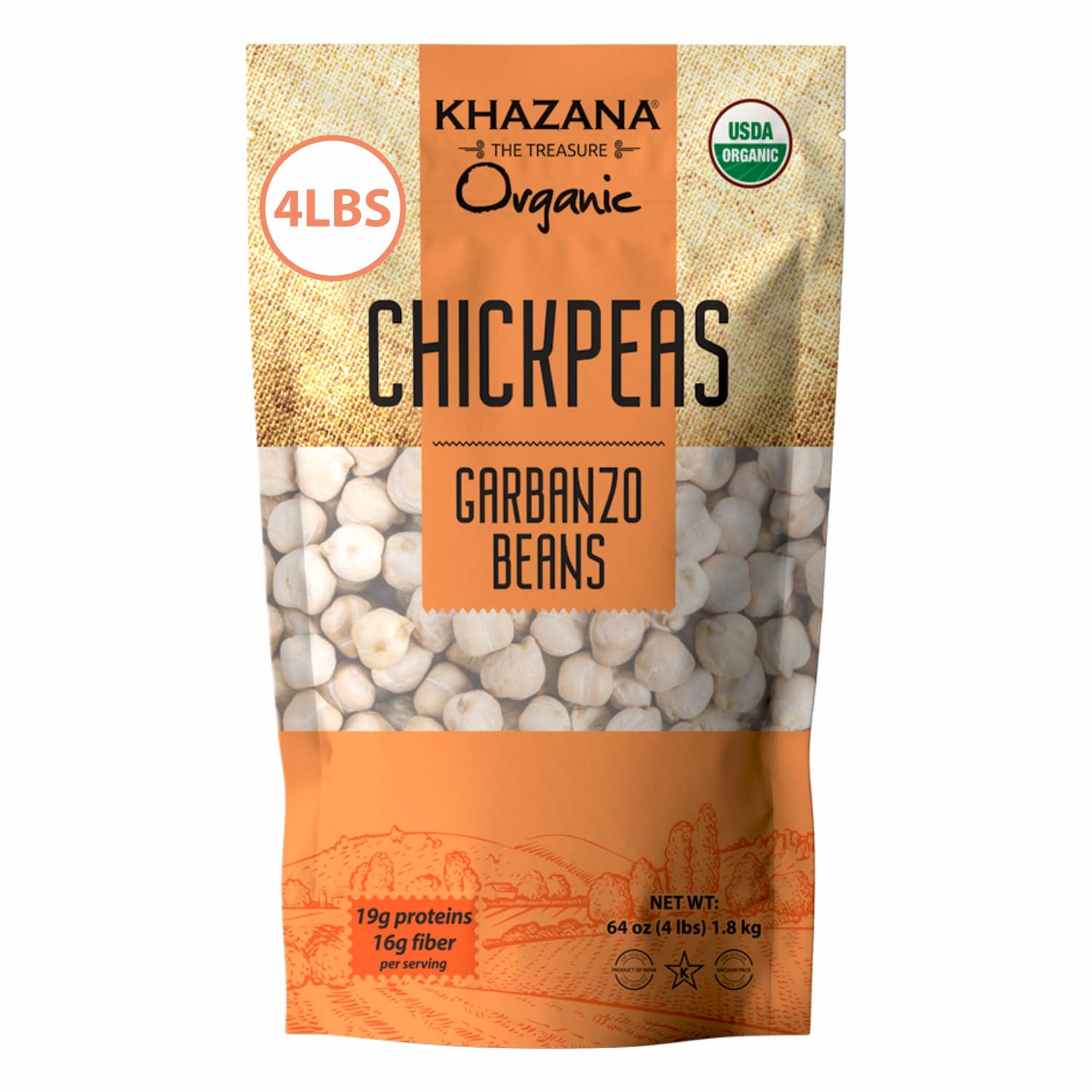 Khazana Organic Chickpeas 4lb - Garbanzo Beans | Non-GMO, Gluten Free & Kosher | Authentic Lentils From India