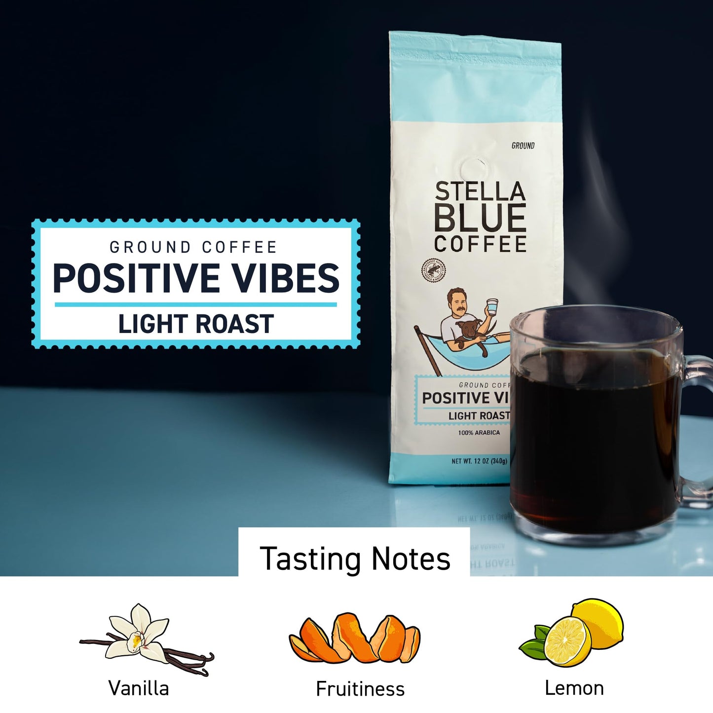 Stella Blue Fresh Ground Coffee Positive Vibes Blend 100% Arabica Light Roast 12 Ounce Bag
