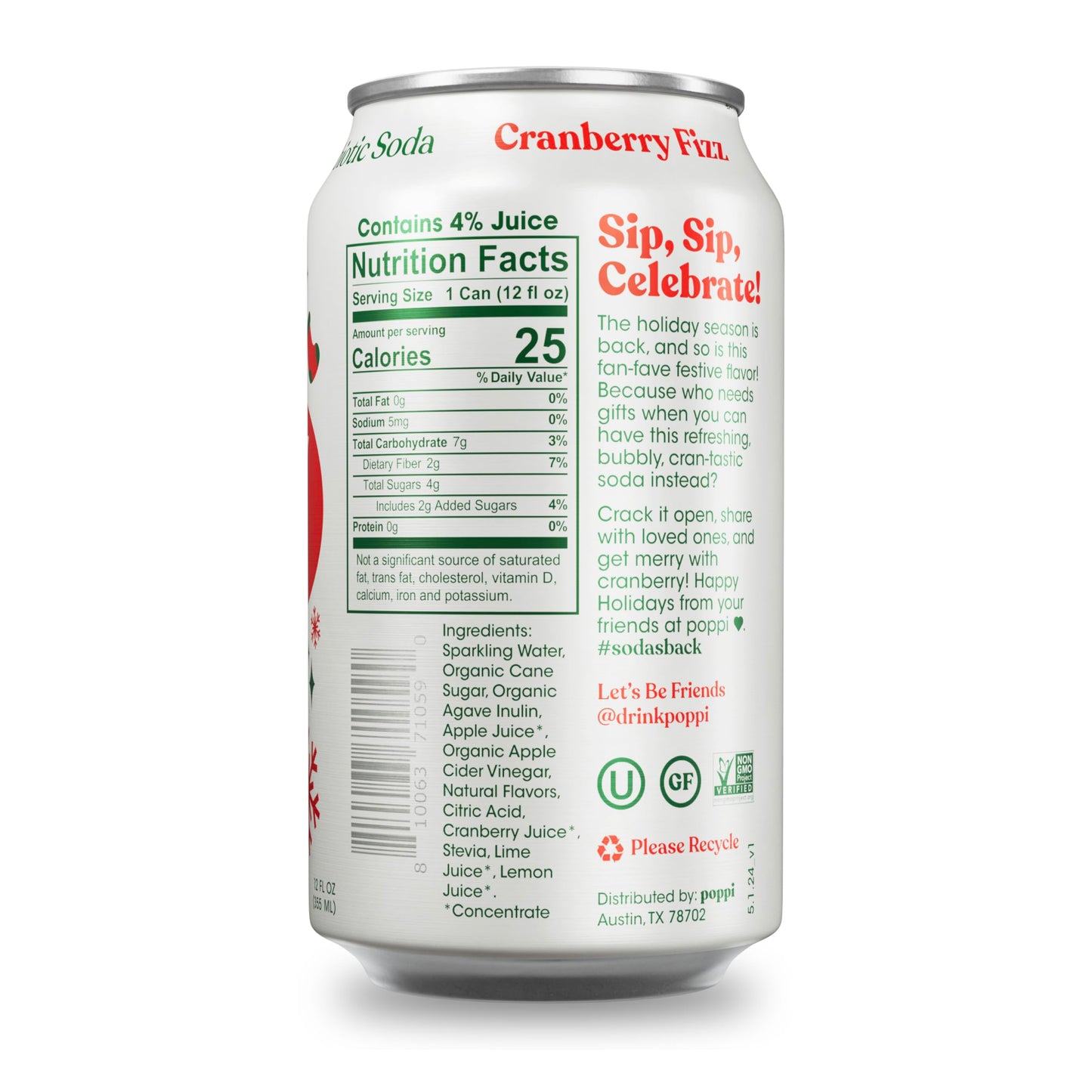 poppi Sparkling Prebiotic Soda with Apple Cider Vinegar, Cranberry Fizz Flavor, 12 Fl Oz, Pack of 12
