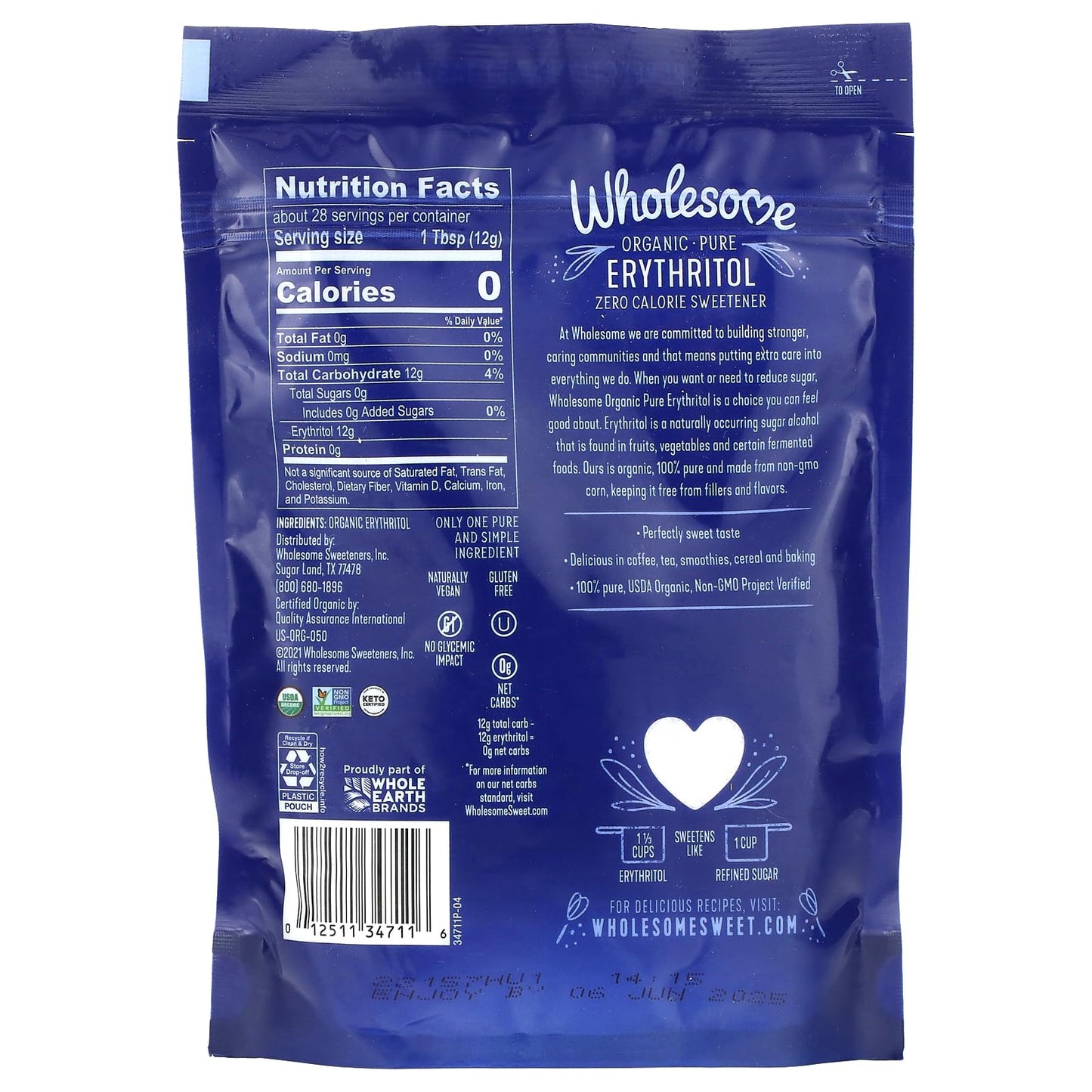 Wholesome Sweeteners Organic Erythritol Sweetener, Keto Friendly, Zero Calorie, 12 Ounce, Non-GMO, Gluten Free, Vegan