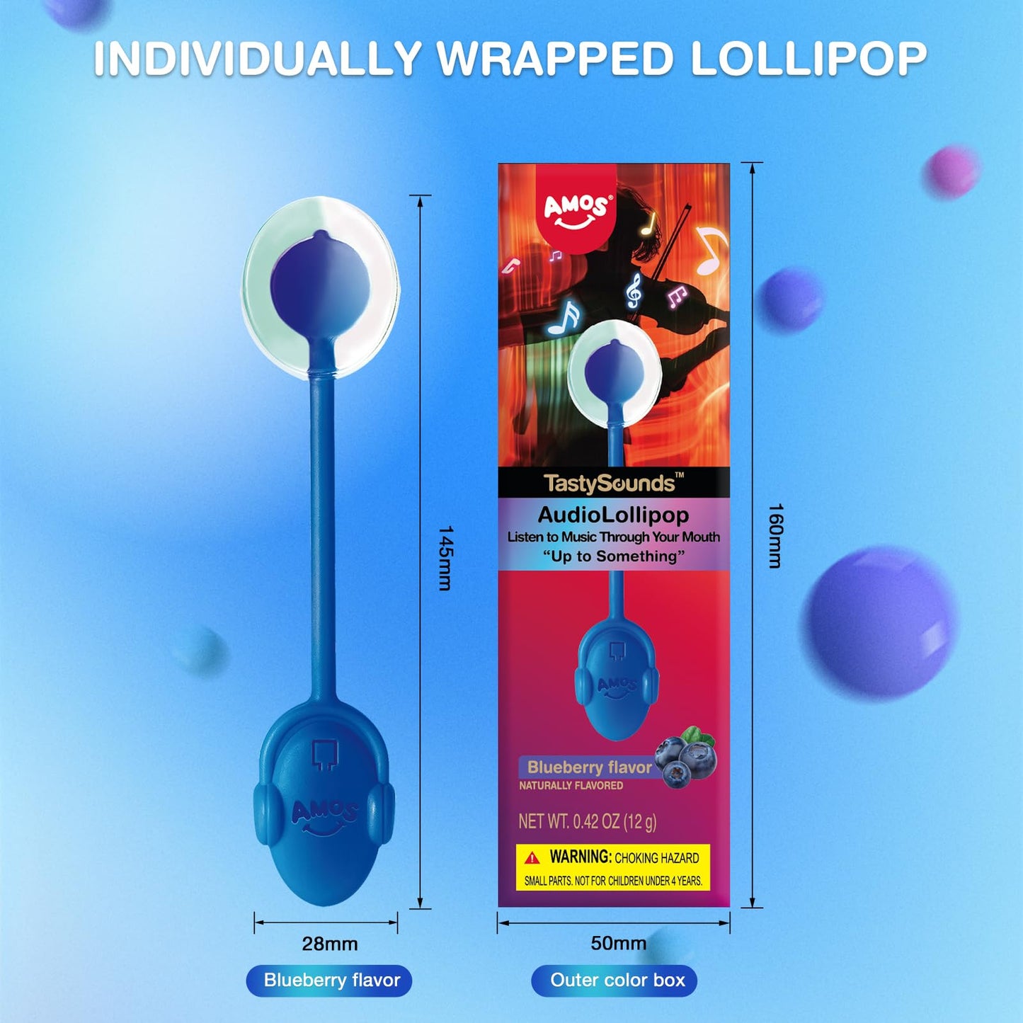 Amos Audio Lollipop (Natural Blueberry) Music Lollipop Suckers -Up To Something- Fat Free Singing Lollipop, For Kids Classmates