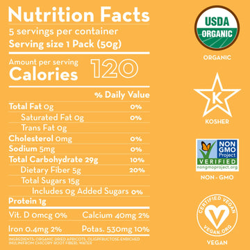 Sunny Fruit Organic Prebiotic Apricots - 1 Bag (5 Individual Portion Packs) | Convenient Snack Packs With Prebiotic Fiber | Organic, Non-Gmo, Kosher, Halal, No Preservatives, No Sugar Added