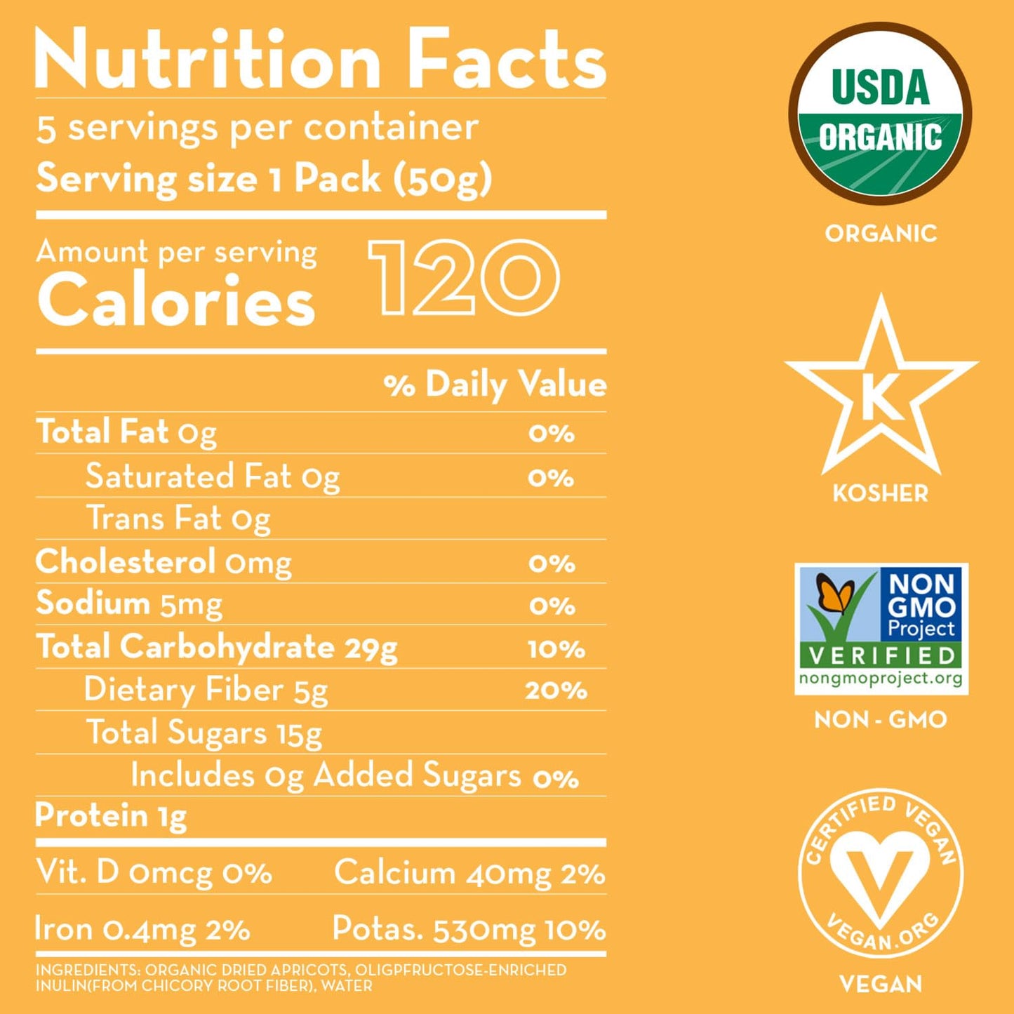 Sunny Fruit Organic Prebiotic Apricots - 6 Bags (30 Individual Portion Packs) | Convenient Snack Packs With Prebiotic Fiber | Organic, Non-Gmo, Kosher, Halal, No Preservatives, No Sugar Added