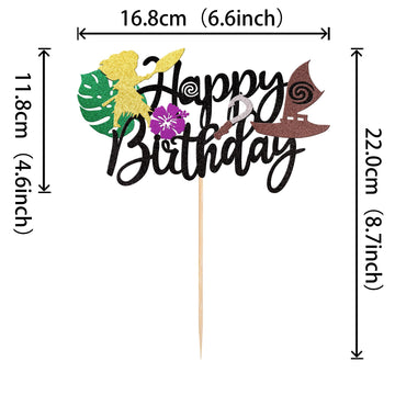 1 Pcs Moana Inspired Cake Topper Black Glitter Palm Leaf Flower Happy Birthday Cake Pick Decoration For Tropical Hawaiian Luau T