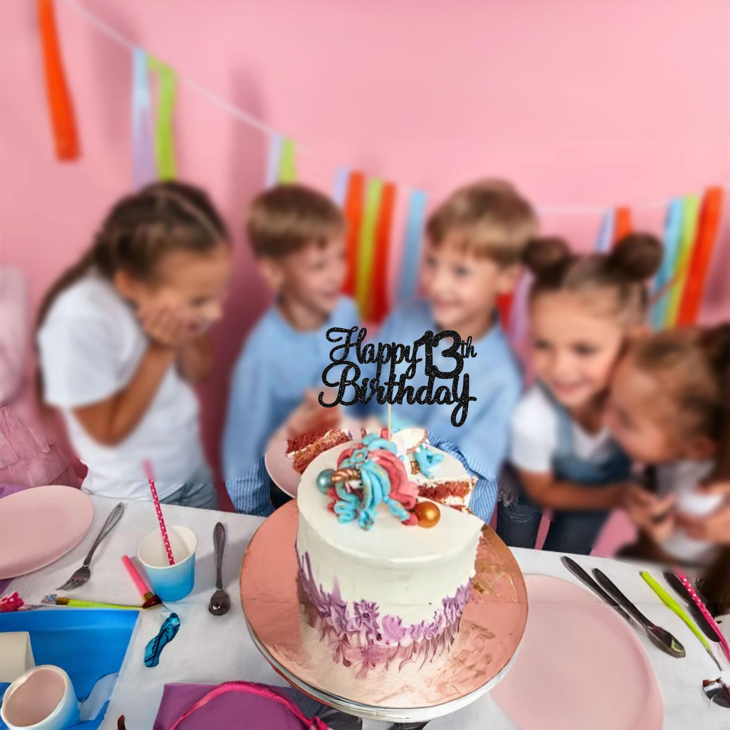 Gyufise 1 Pack Happy 13Th Birthday Cake Topper Black Glitter Happy Birthday Cake Topper Happy 13 Birthday Cake Decoration For 13