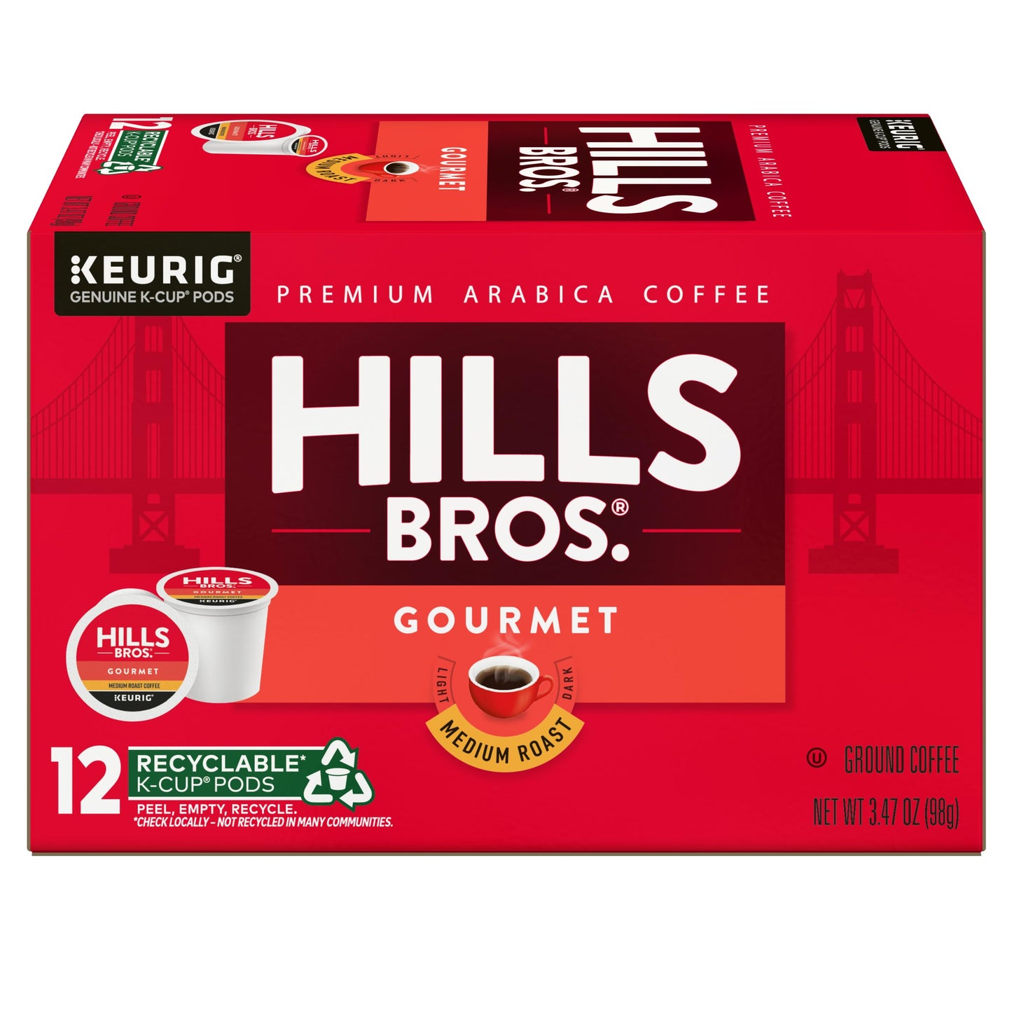 Hills Bros. Gourmet Blend Coffee, Single Serve Keurig K-Cup Pods, Medium Roast Coffee, 12-Count Box