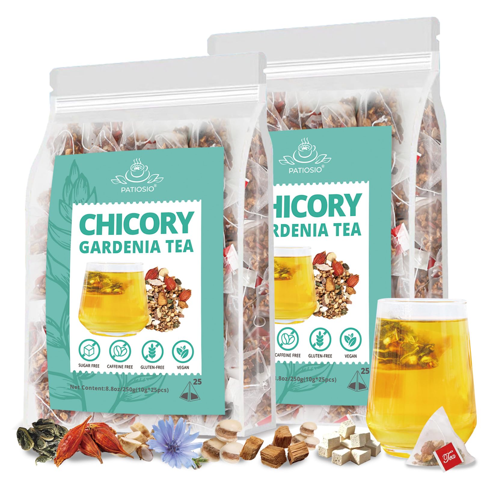 Patiosio Chicory and Gardenia Tea Bags, 2 Pack (50 pcs), Herbal Tea with 8 Natural Ingredients for Detox and Cleanse