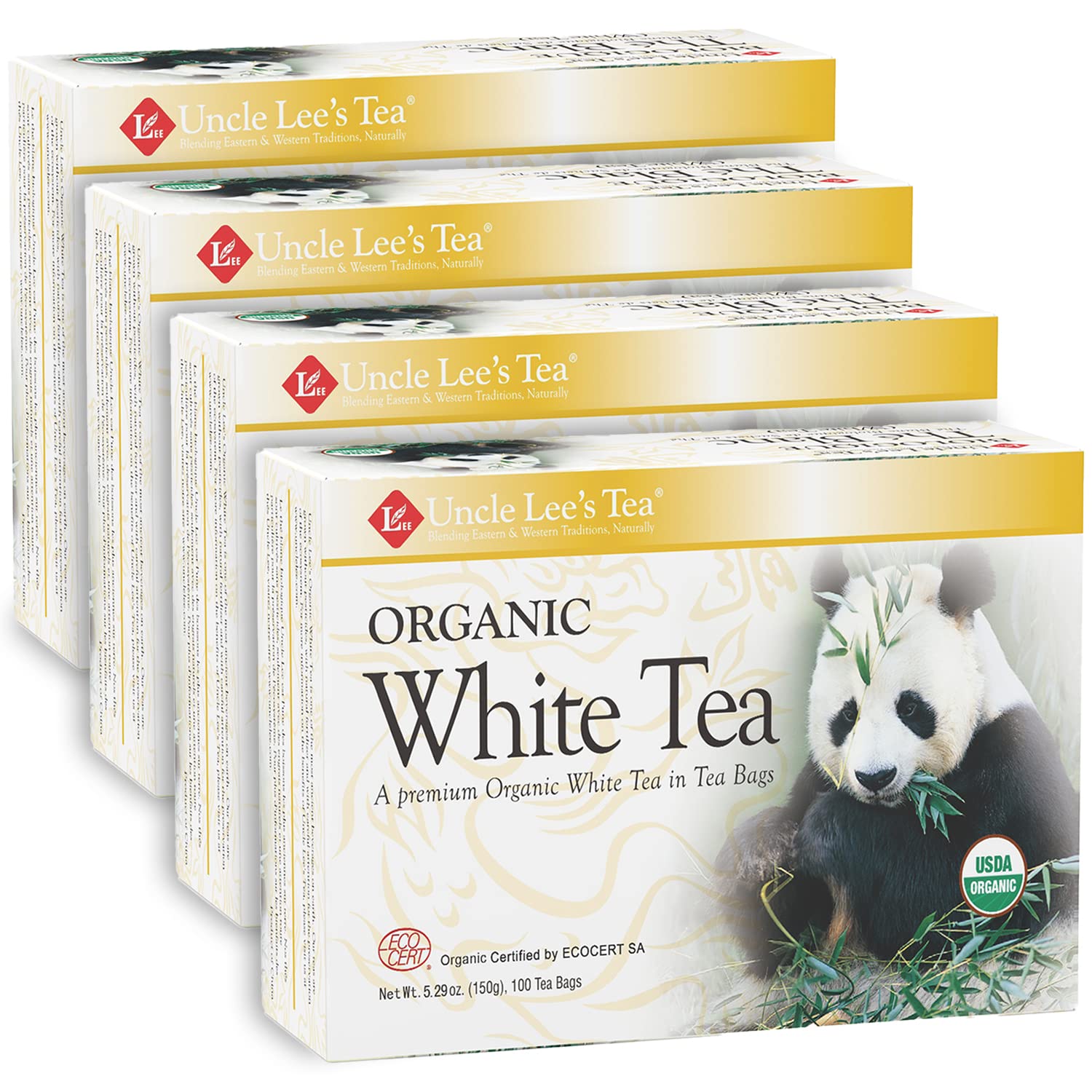 Uncle Lees Tea Organic White Tea - enhanced Tea for Everyday Wellness, Low Caffeine, Antioxidant-Rich White Tea Bags, Individually Wrapped, 100 Count (Pack of 4)
