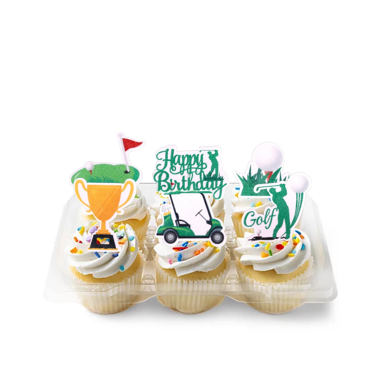 56 Pcs Edible Golf Cupcake Toppers Wafer Paper Trophy Lawn Golf Shoes Bag Ball Carts Cupcake Picks Edible Golf Cake Decorations