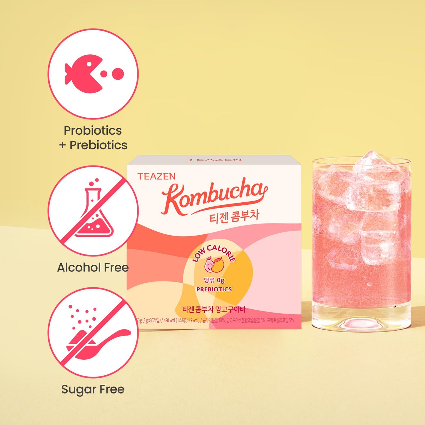 TEAZEN Mango Guava Kombucha Tea, Sugar Free, Live Probiotics, 30 Servings, Hydration Drink Mix