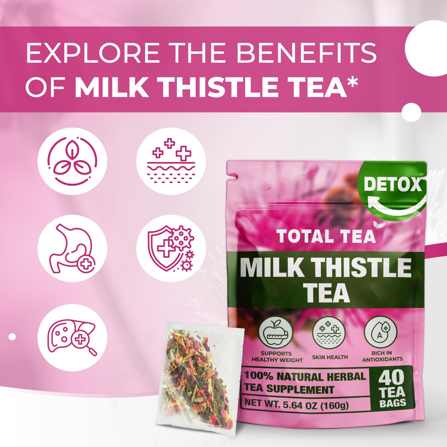 Total Tea 100% Natural Milk Thistle Seeds Tea For Liver Cleanse, Detox, Digestive Health And Immune System - 40 Tea Bags (Packag