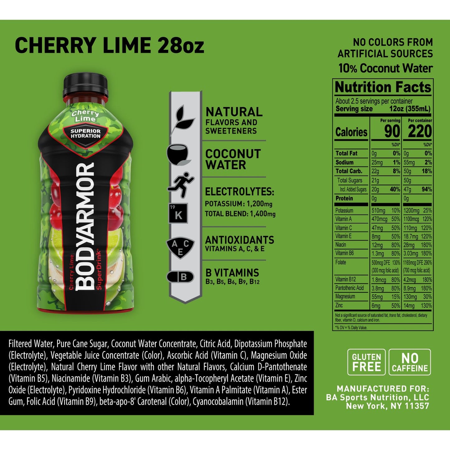 Bodyarmor Sports Drink Sports Beverage, Cherry Lime, Coconut Water Hydration, Natural Flavors With Vitamins, Potassium-Packed Electrolytes, Perfect For Athletes, 28 Fl Oz (Pack Of 12)