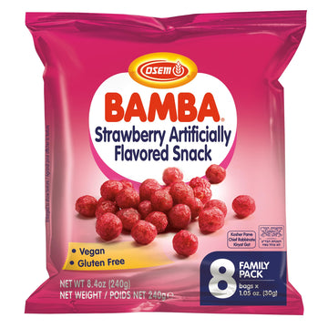 Bamba Strawberry Snacks All Natural Sweet Red Strawberry Bamba Corn Puffs, 1.05oz Bag, (Family Pack Of 8 Bags)