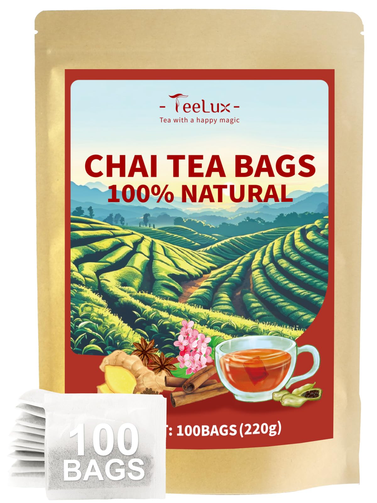Teelux Chai Black Tea  Black Tea With Cinnamon  Flavor Blendger  Clove & Star Anise  Mellow & Spicy Flavor  Natural  100 Count