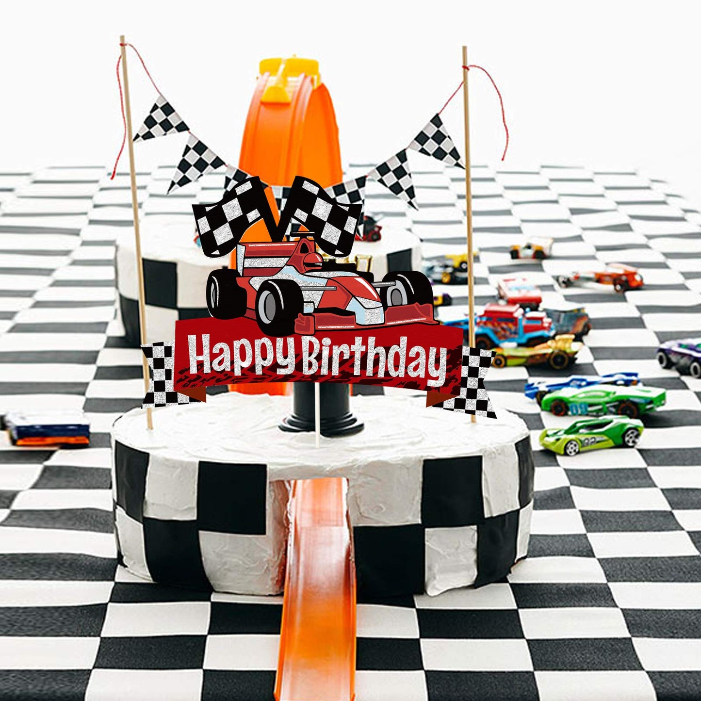 EQ EvaIrisQing Glitter Race Car Cake Topper - Racing Car Theme Party Supplies, Paper Material, Happy Birthday Decor for Boys and Girls