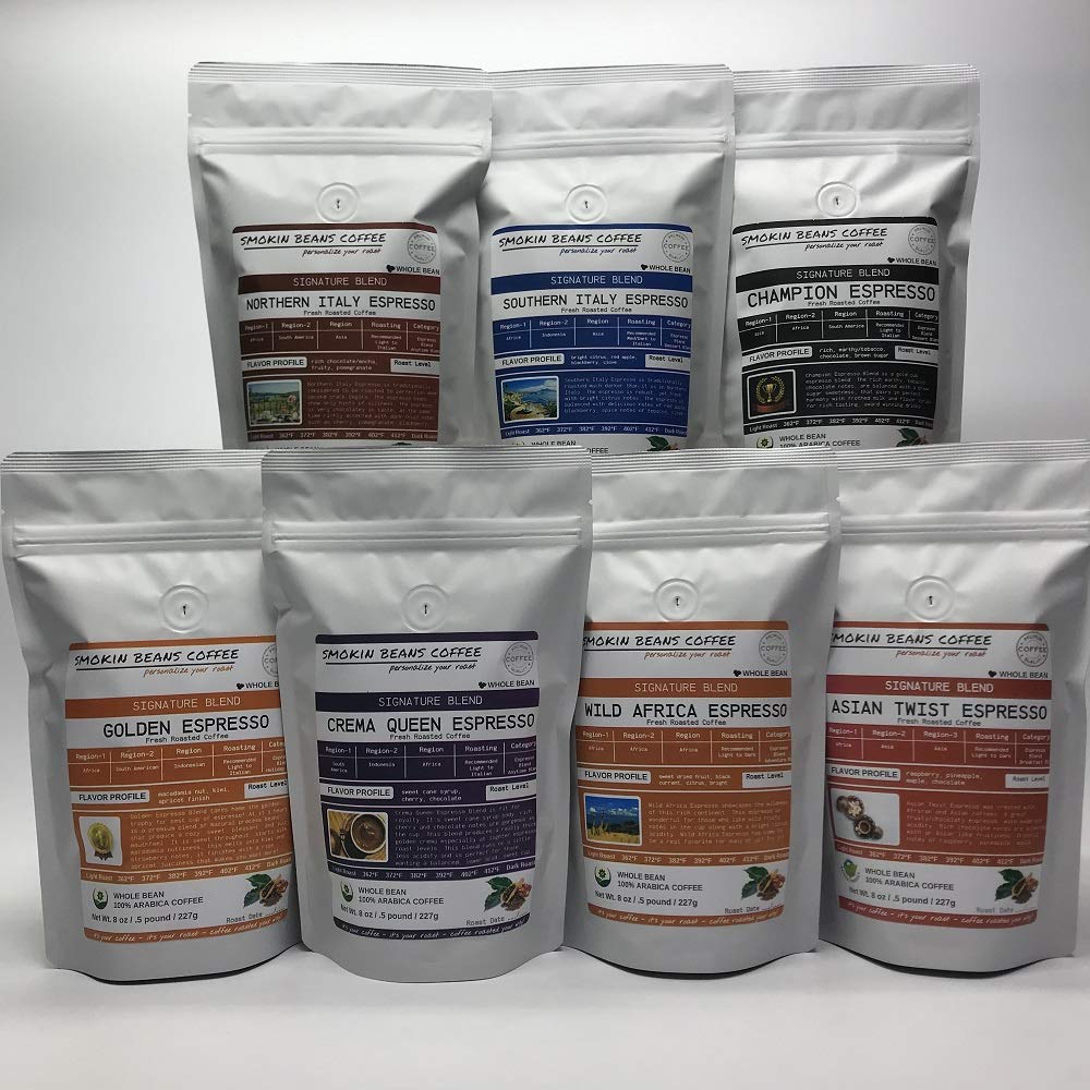Smokin Beans 7 Bean Espresso Box, 7-Bags, 8-Ounce Each, Signature Blends, Various Roasts, Premium Whole Bean Coffee