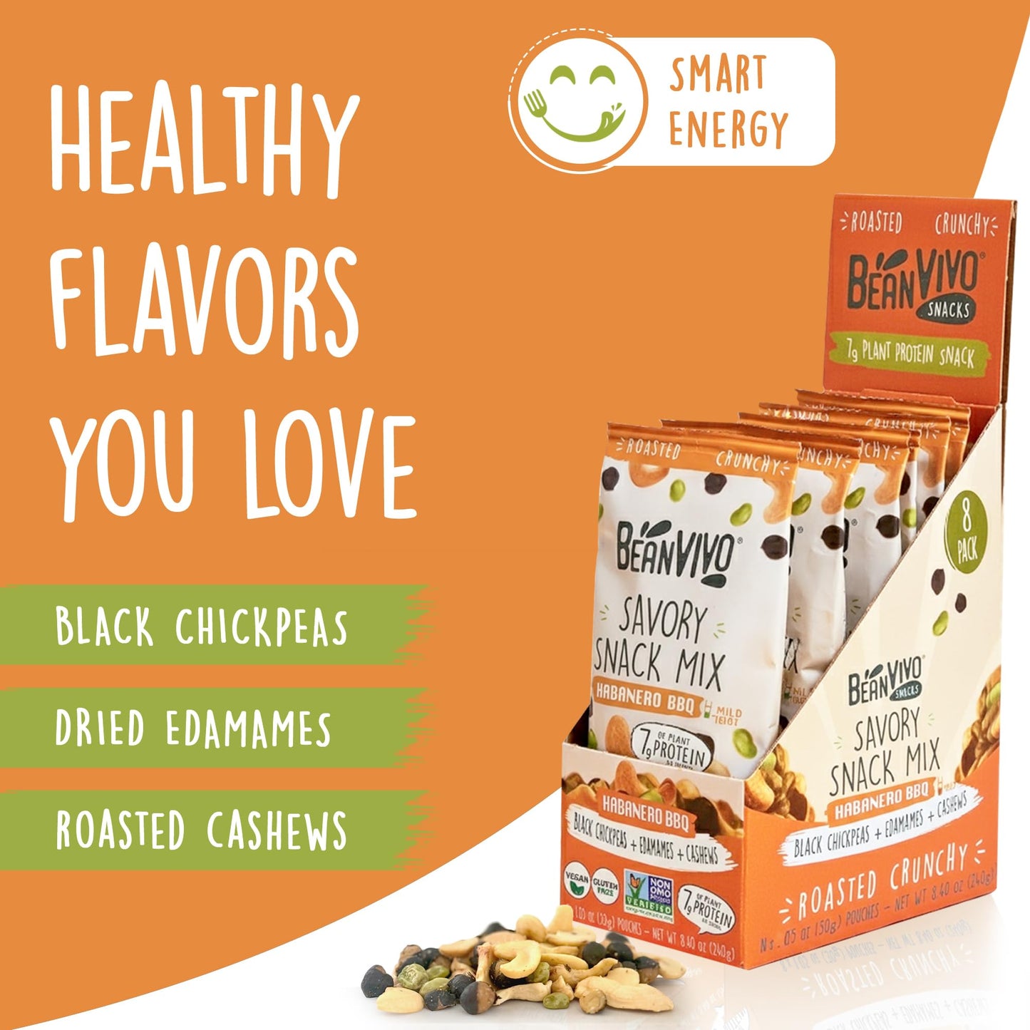 Beanvivo Healthy Snacks For Mature-Themeds & Kids With 7G Protein & 5G Fiber Per Serving With Dried Edamame, Roasted Cashew And Black Chickpeas - Vegan & Gluten Free - Keto Friendly & Non-Gmo - 8Pack (1.05 Oz Each Pouch)