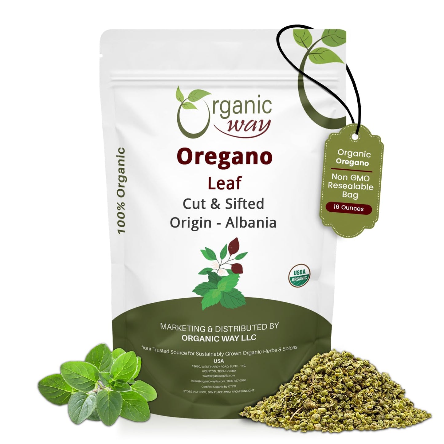 Organic Way Dried Oregano Leaf Cut & Sifted (Origanum Vulgare) - European Wild-Harvest | Organic & Kosher Certified | Vegan, Non Gmo & Gluten Free | Usda Certified | Origin - Albania (16 Oz)