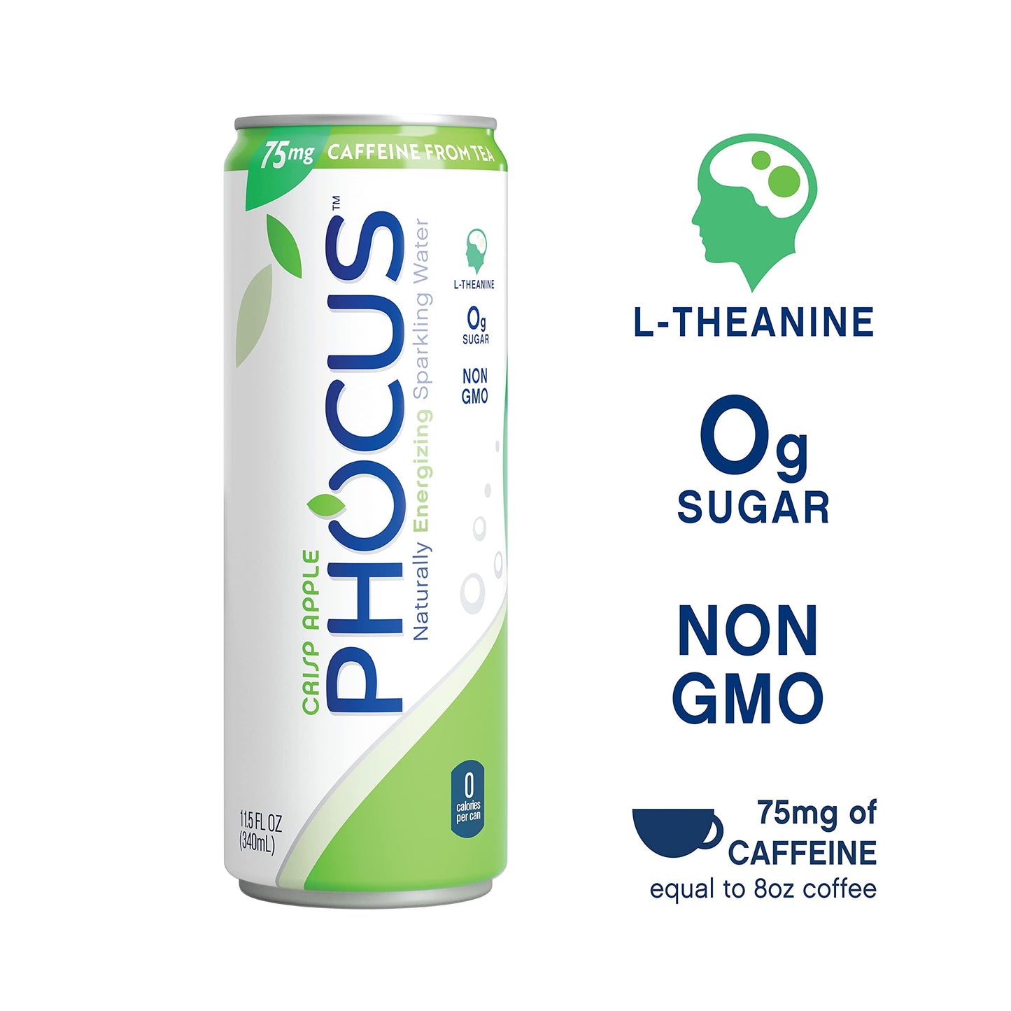 PHOCUS Energy Drink  Peach Sparkling Water  75mg Natural Caffeine Plus L-Theanine  Zero Sugar  Zero Calories  No Artificial Sweeteners  11.5 fl oz Cans (Pack of 12)