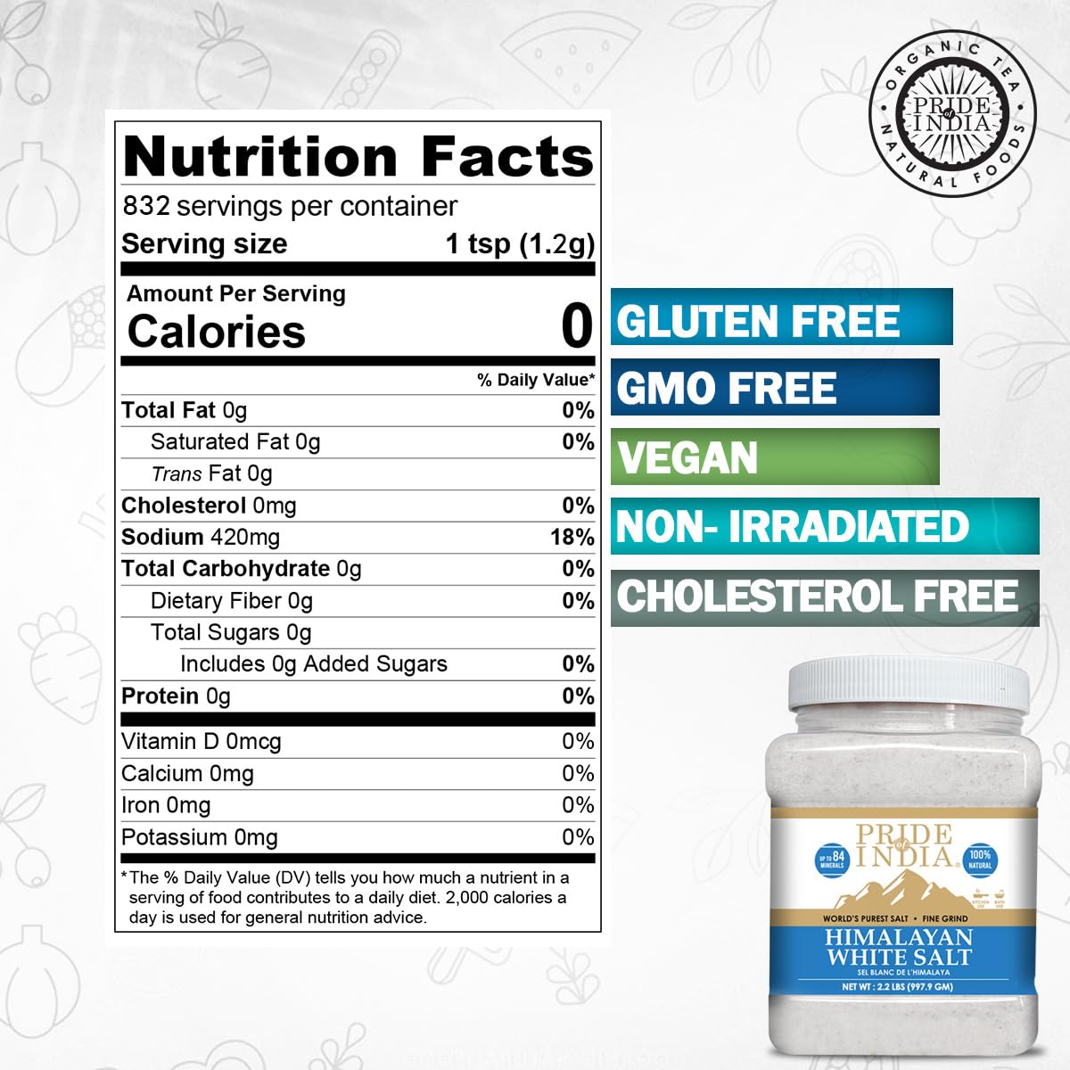 Pride of India- Himalayan White Salt Fine Grind 2.2 lbs (997.90 gm)- Rarest & Enriched W/84+ Natural Minerals- Low Sodium- Miner