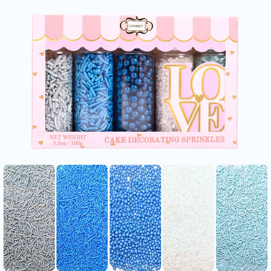 Confect Blue Sprinkles Mix – 5 Oz, Multicolor with Navy Dragees, Silver, Baby Blue Jimmies & White Sparkling Sugar, Vegan & Gluten-Free