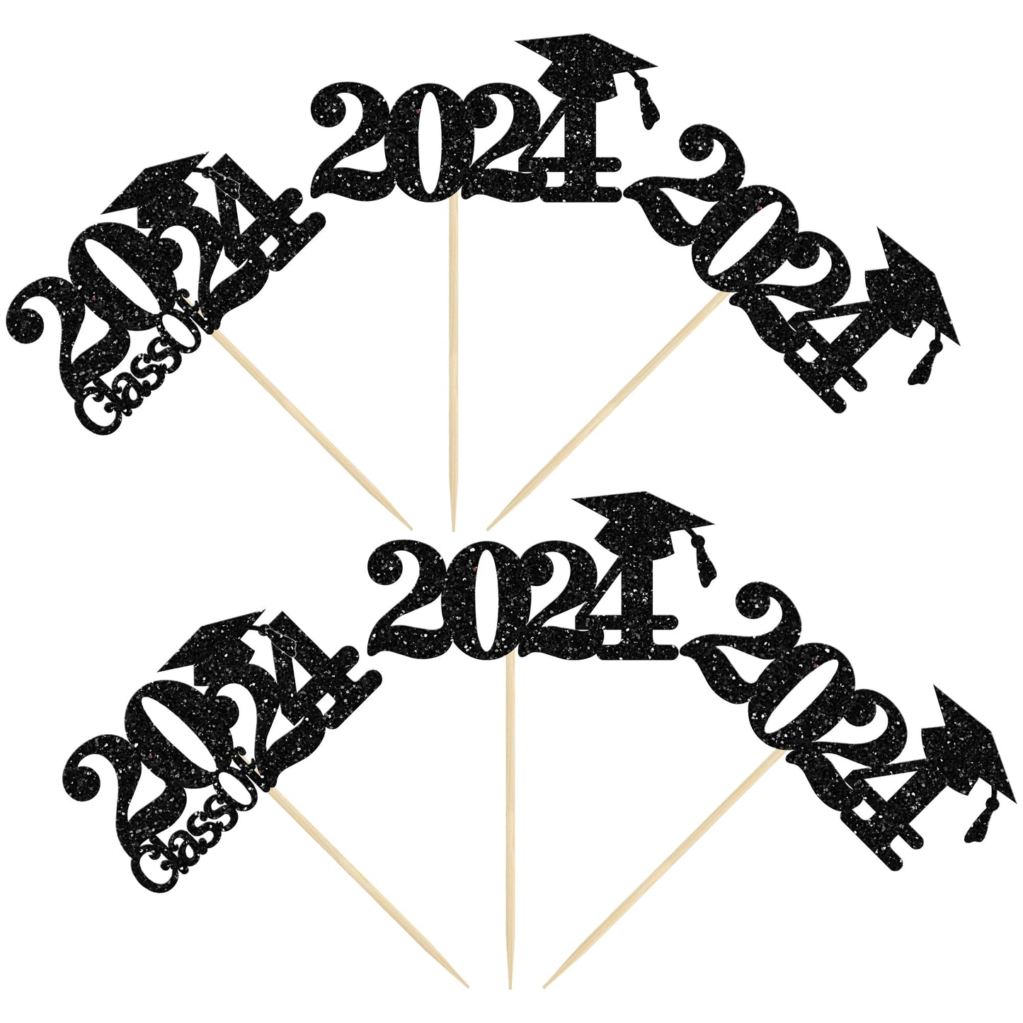 Gyufise 24Pcs 2024 Graduation Cupcake Toppers Black Glitter Class Of 2024 Cake Toppers Grad Cap Cupcake Picks Cake Decorations F