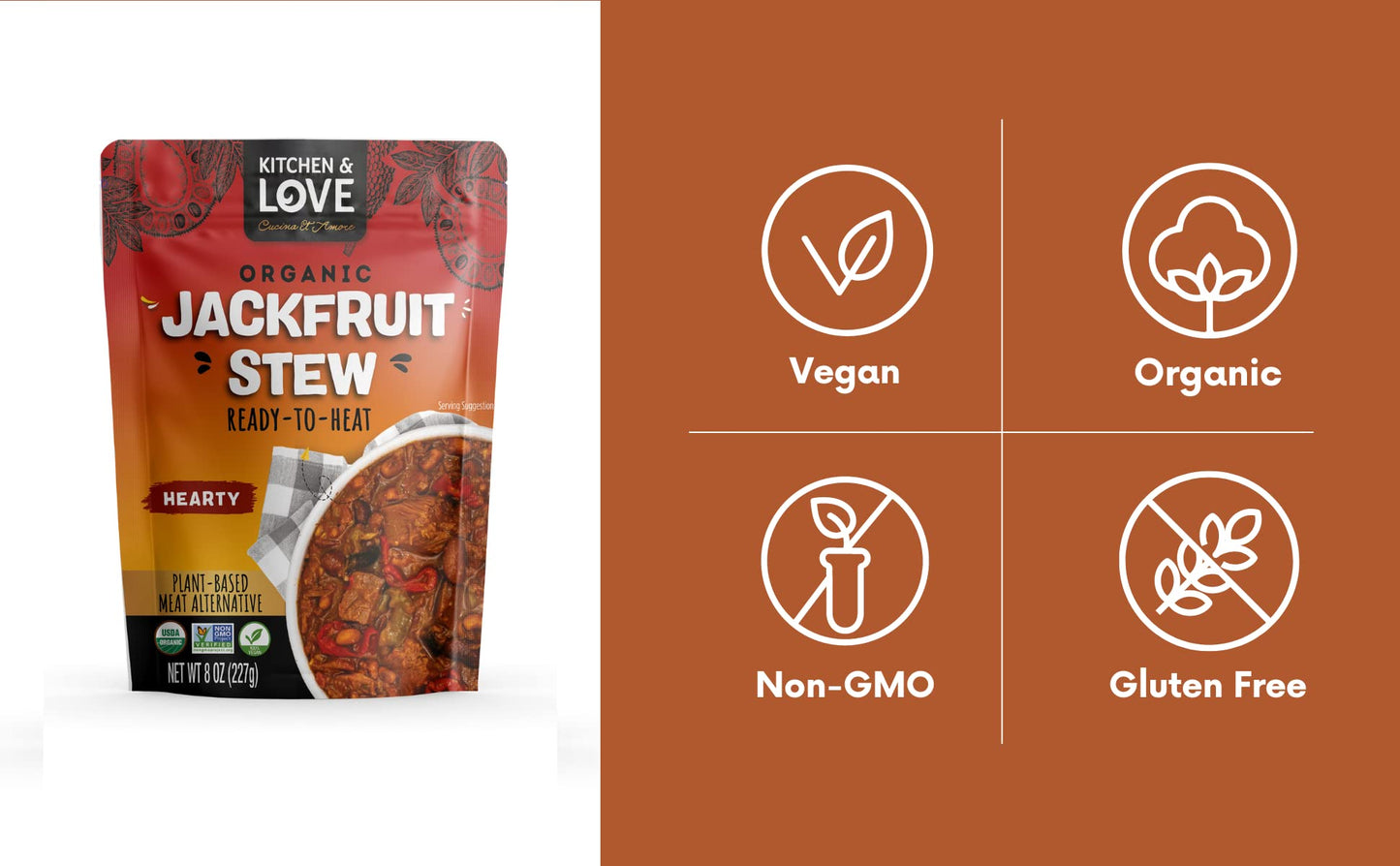 Kitchen & Love Jackfruit Hearty Stew, Organic, Fully Cooked, Plant Based Meat Alternative, Gluten Free, Ready In 90 Seconds, Hig